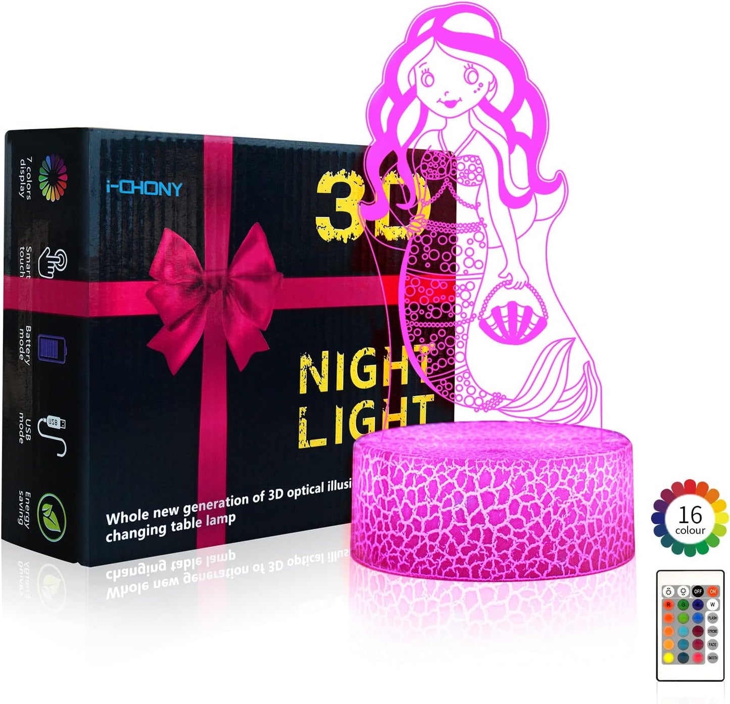 i-CHONY Mermaid Gifts Night Light for Girls,3D Illusion Lamp with Remote & Smart Touch 16 Colors Dimmable Bedroom Decorations Bedside Lamp,Mermaid Toys for Kids Girls Teens Birthday Gift
