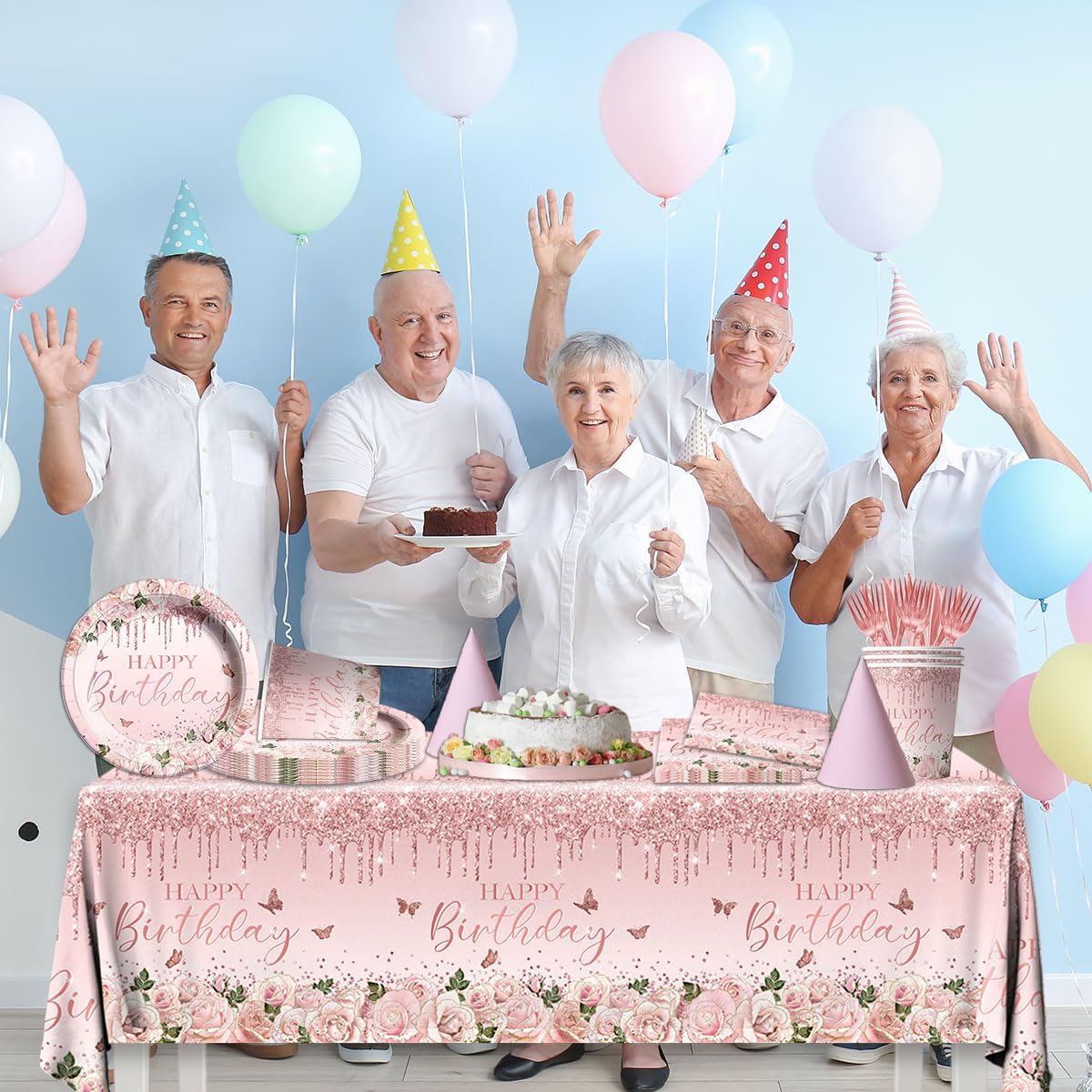 142Pcs Pink Rose Gold Birthday Party Supplies - Pink Birthday Party Tableware Disposable Dinner Plate,Tablecloth Rose Gold Theme Birthday Party Decoration for 50th 60th 70th 80th Women or Girls