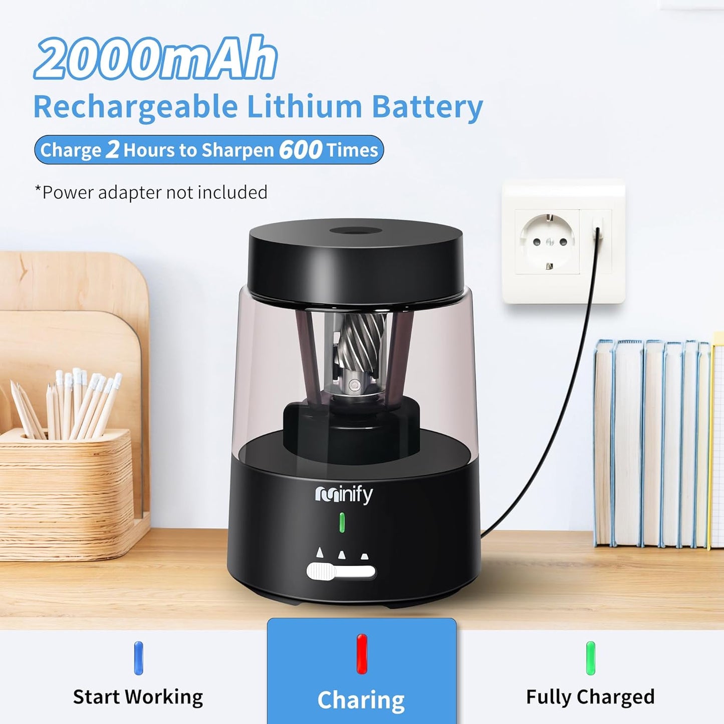 Pencil Sharpener Electric Pencil Sharpener Heavy Duty Blade Rechargeable Battery Powered Pencil Sharpeners for 6-8mm Colored Pencils Auto Stop Fast Sharpen in 3s (Black)