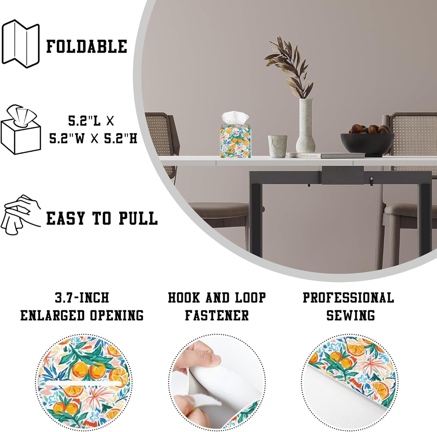 Summer Fruits Orange and Leaves Tissue Box Cover Square, Tissue Box Holder Leather Facial Paper Case Decorative Organizer Holder Dispenser Home Office Car Decor