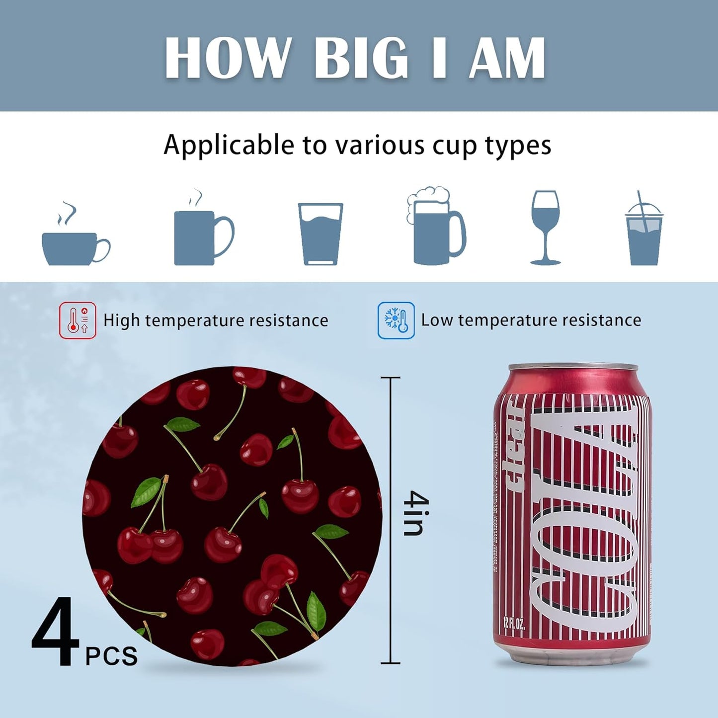 Coasters for Drinks,Red Cherry Cute Absorbent Coaster Set of 4 with Cork Base,Ceramic Drink Coasters for Cold Drinks Wine Glasses Cups Mugs,Housewarming Gifts for Home Decor