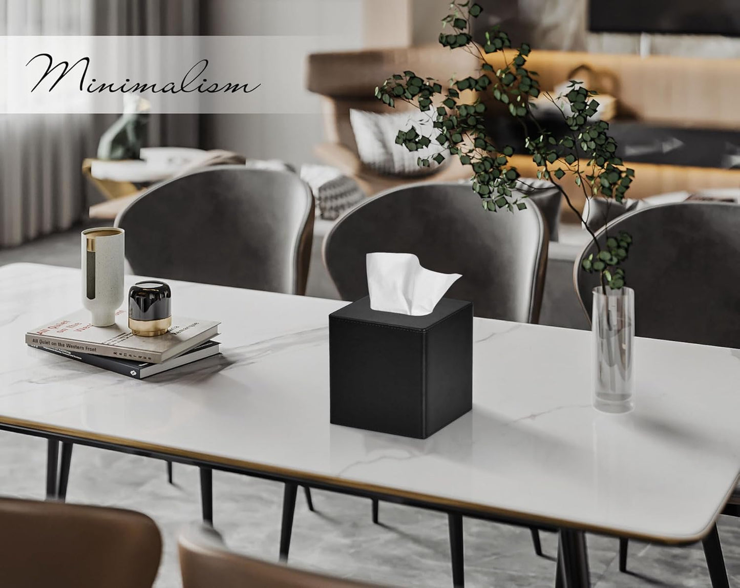 Tissue Box Cover Square PU Leather Facial Tissue Box Holder for Dresser Bathroom Decor (Black)