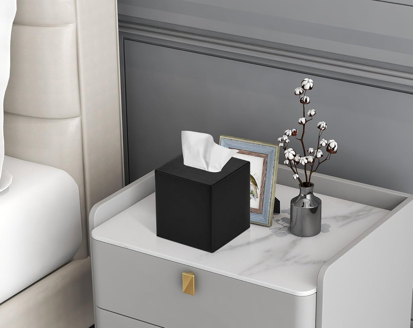 Tissue Box Cover Square PU Leather Facial Tissue Box Holder for Dresser Bathroom Decor (Black)