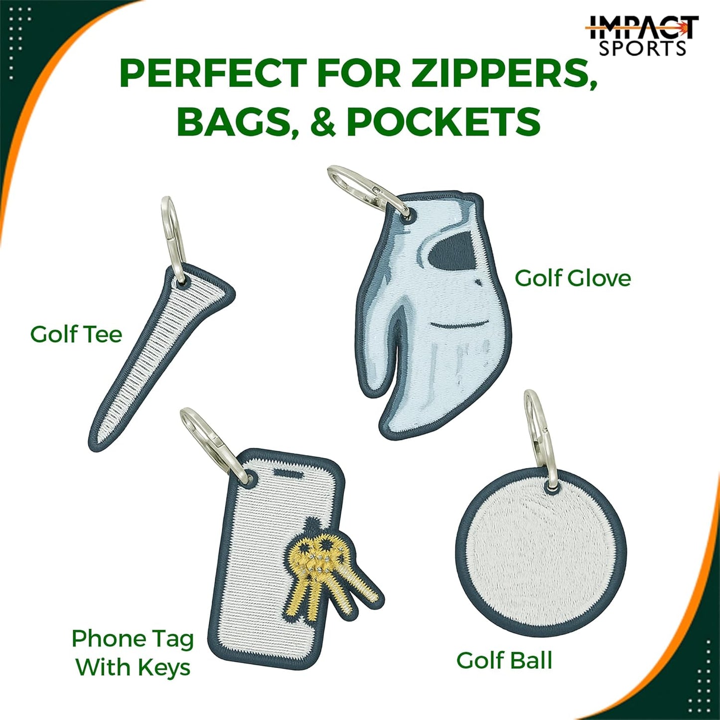 Impact sports Golf Zipper Bag Tags – Set of 4 Fabric Golf-Themed Zipper Pulls – Includes Golf Ball, Glove, Tee, and Phone Tag – Stylish and Functional Golf Bag Accessories