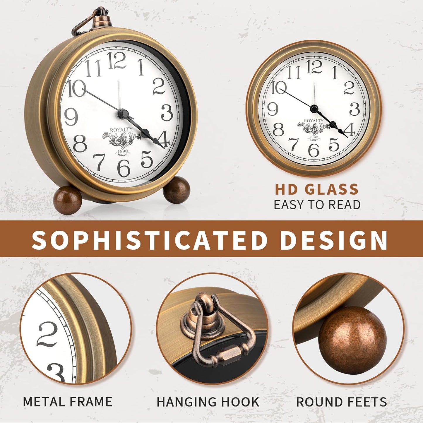 Maxspace Metal Golden Table Clock, Retro Vintage Non-Ticking Small Alarm Clock,Battery Operated Silent Quartz Movement HD Glass Desk Clock for Bedroom Living Room Indoor Decoration Kids… (Arabic2)