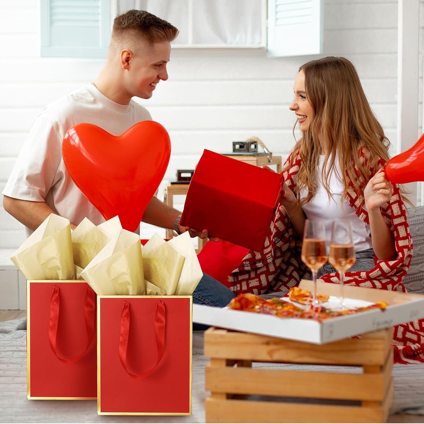 Yeaqee 24 Pack Metallic Paper Gift Bags with Handle and Tissue 9x7x3.1 Gold Foil Welcome Favor Bags Return Gifts for Wedding Fall 5 Senses Christmas Bridesmaid Birthday(Red Gold)