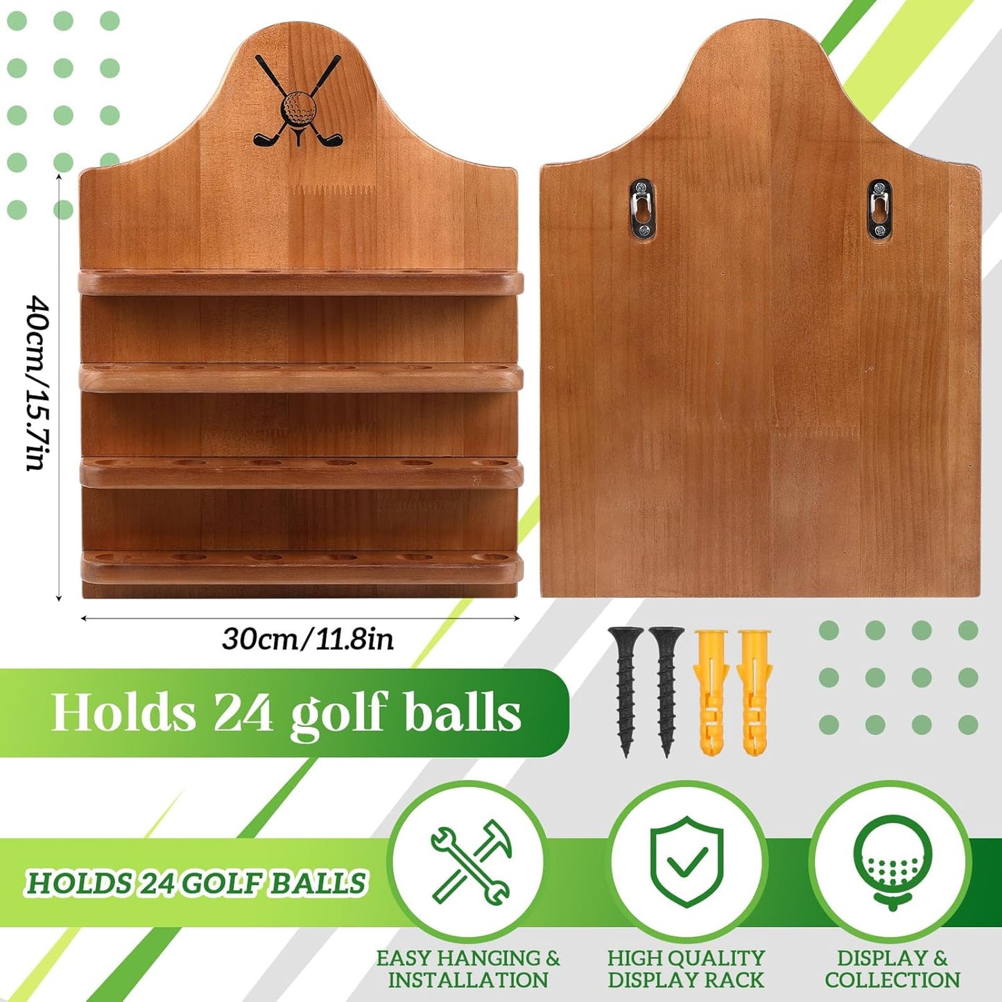 Marsui Wooden Golf Ball Display Case 24 Balls Wall Mounted Golf Ball Display Holder Father's Day Collection Gifts for Golf Ball Enthusiasts Dad, 15. 8 x 11. 8 Inch