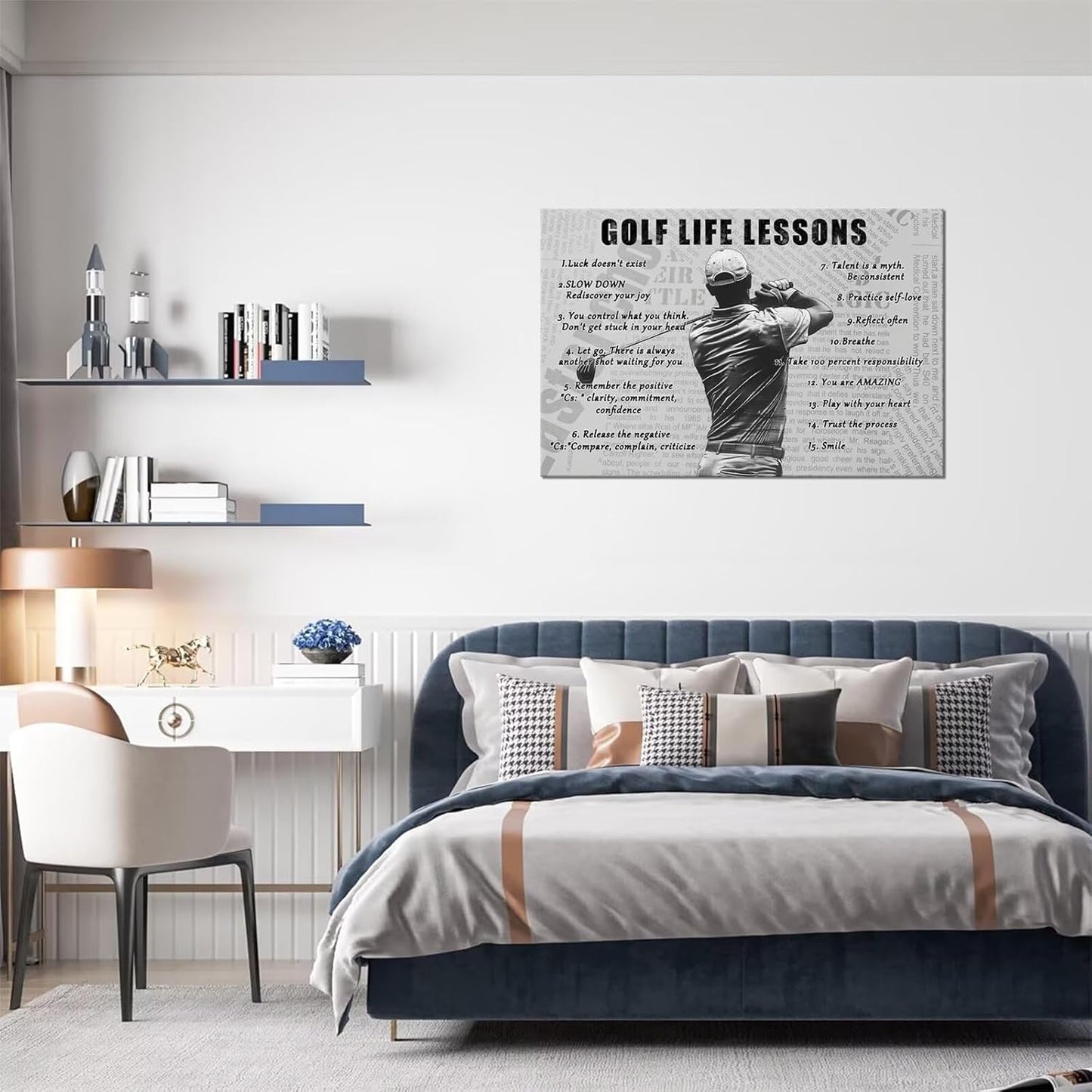 Golf Sports Wall Art Golf Life Lessons Wall Decor Golf Sign Retro Poster Boy Men Room Motivational Decorations Canvas Print Painting Artwork for Living Room Home Decorations Framed (18 x 24 inch)