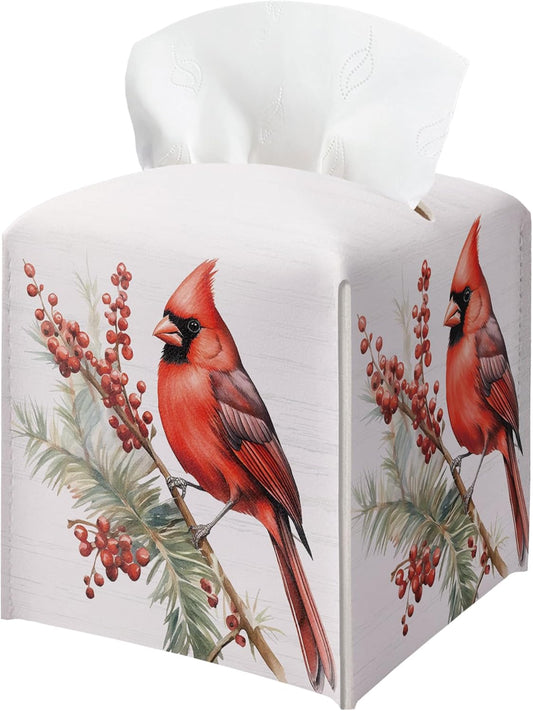 Christmas Tissue Box Holder, Christmas Cardinal Leather Tissue Box Cover Square, Red Feathers Paper Facial Decorative Tissues Cover for Night Stands Bathroom Office Home Decor-B10