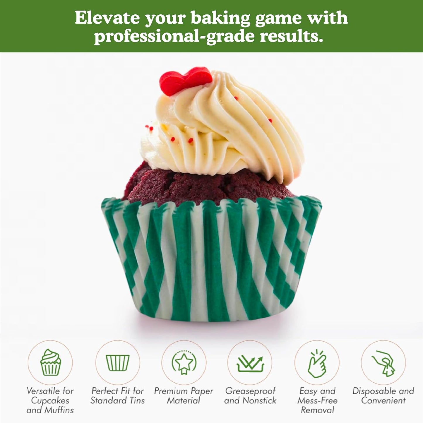 Regency Wraps Greaseproof Professional Grade Baking Cups, Pack of 40, Standard Liners, Green/White Stripe, for Cupcakes, Muffins, Candy, Non Stick