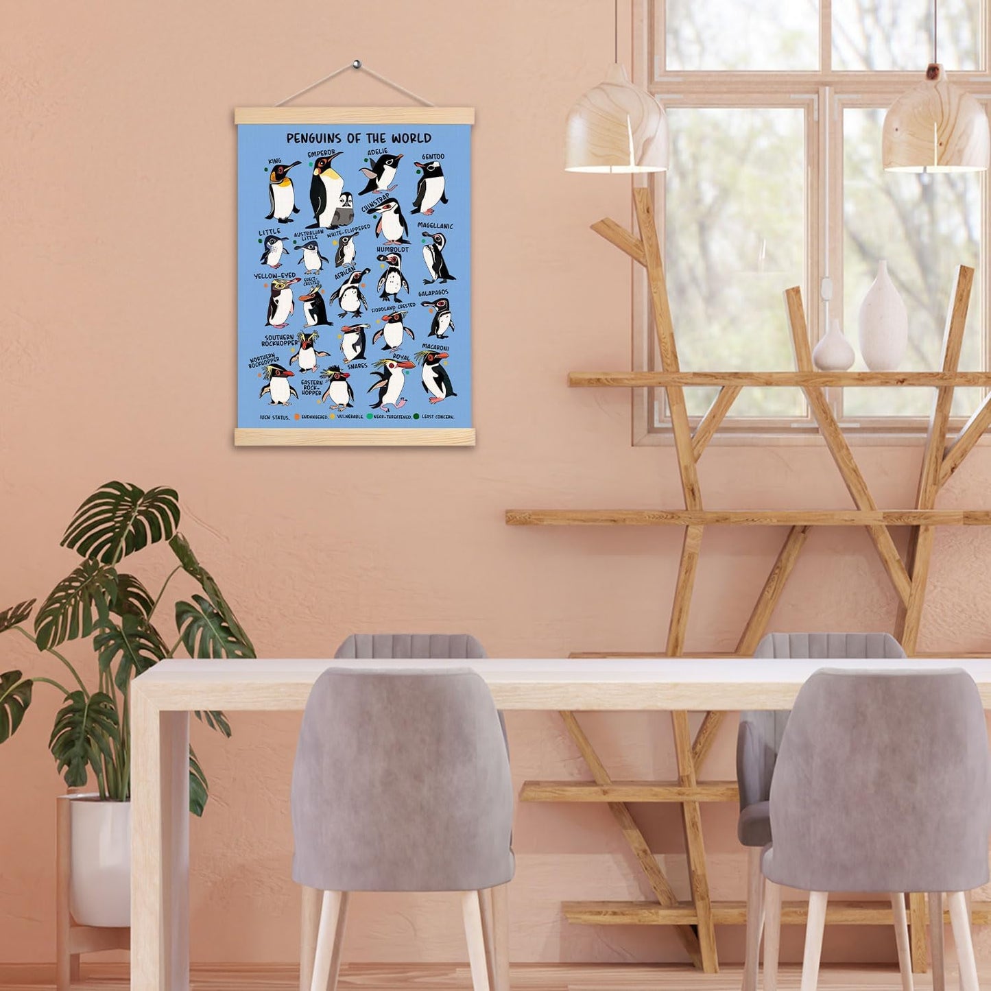 Penguin Wall Decor, Penguin of the World Wall Art With Wooden Poster Hanger, Nursery Wall Decor, Penguin Educational Chart Poster Decorations for Nursery Kids Room Classroom Playroom, 12.5x17 Inch