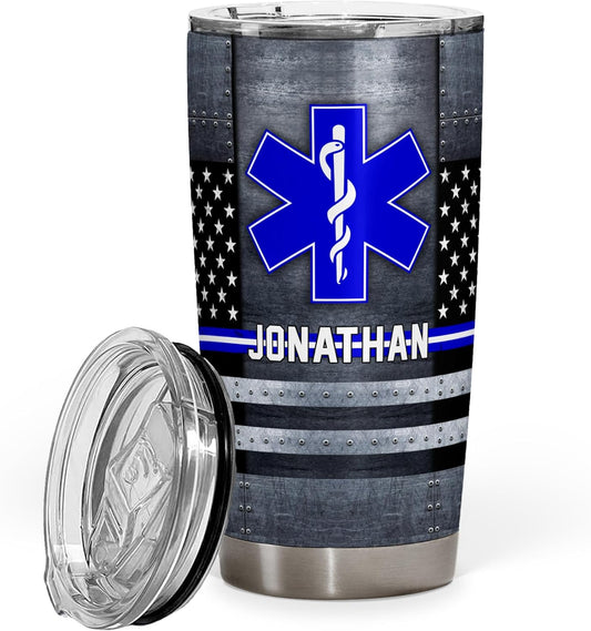 EMS EMT Paramedic Thin White Line American Flag 20oz Tumbler - Gift For Medical Worker - Custom Star Of Life Us Flag - Nurse Gifts for Women - 20oz Tumbler With Lid
