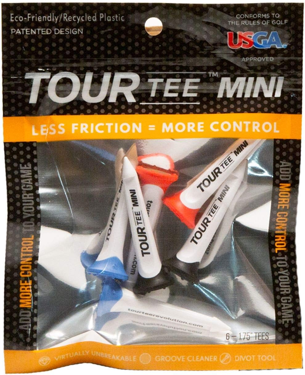 CMCDESIGN Tour Tee Mini Pack - Frictionless Golf Tees for More Distance & Consistent Yards - Reusable, Made w/Recycled Plastic and Virtually Unbreakable - Six 1.75” Short Golf Tees w/Rubber Tip