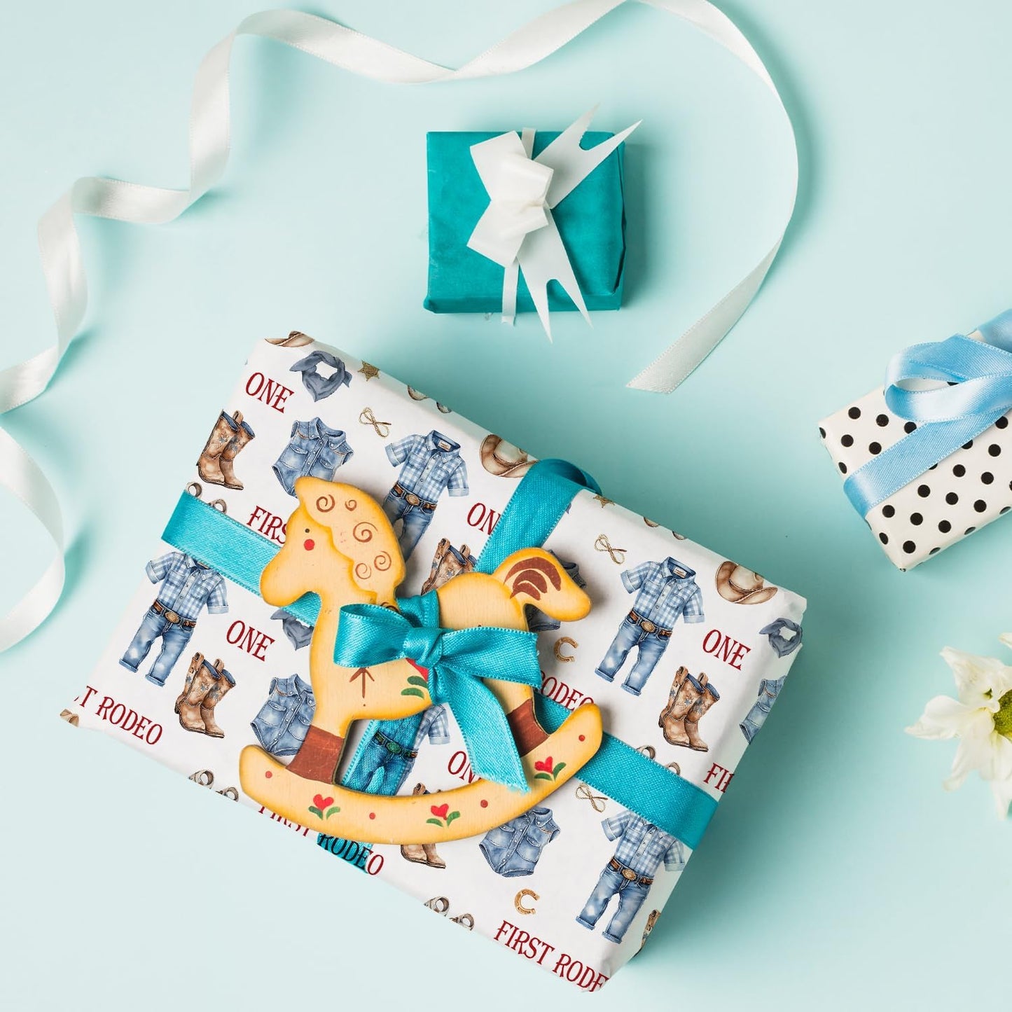 MJSXY Cowboy Wrapping Paper for Boy, My First Rodeo Party Favors with White Cowboy Theme for 1st Birthday, 5 Sheets Western Wrapping Paper 19.6x27.5 Inch, Western Themed Party Decorations