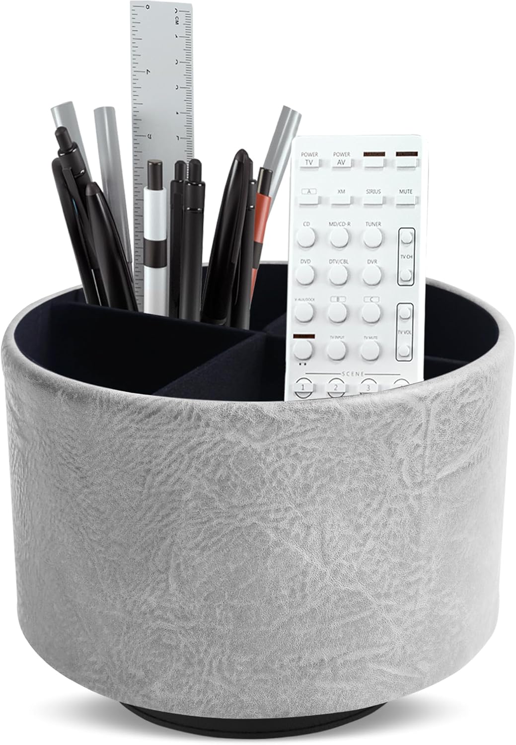 Hennaja Round Leather Art Supply Organizer,Remote Control Holder,360 Degree Spinning,Multi-Functional Pencil Holder,4 Compartments Desktop Stationary Organizer(1-Crazy Blue)