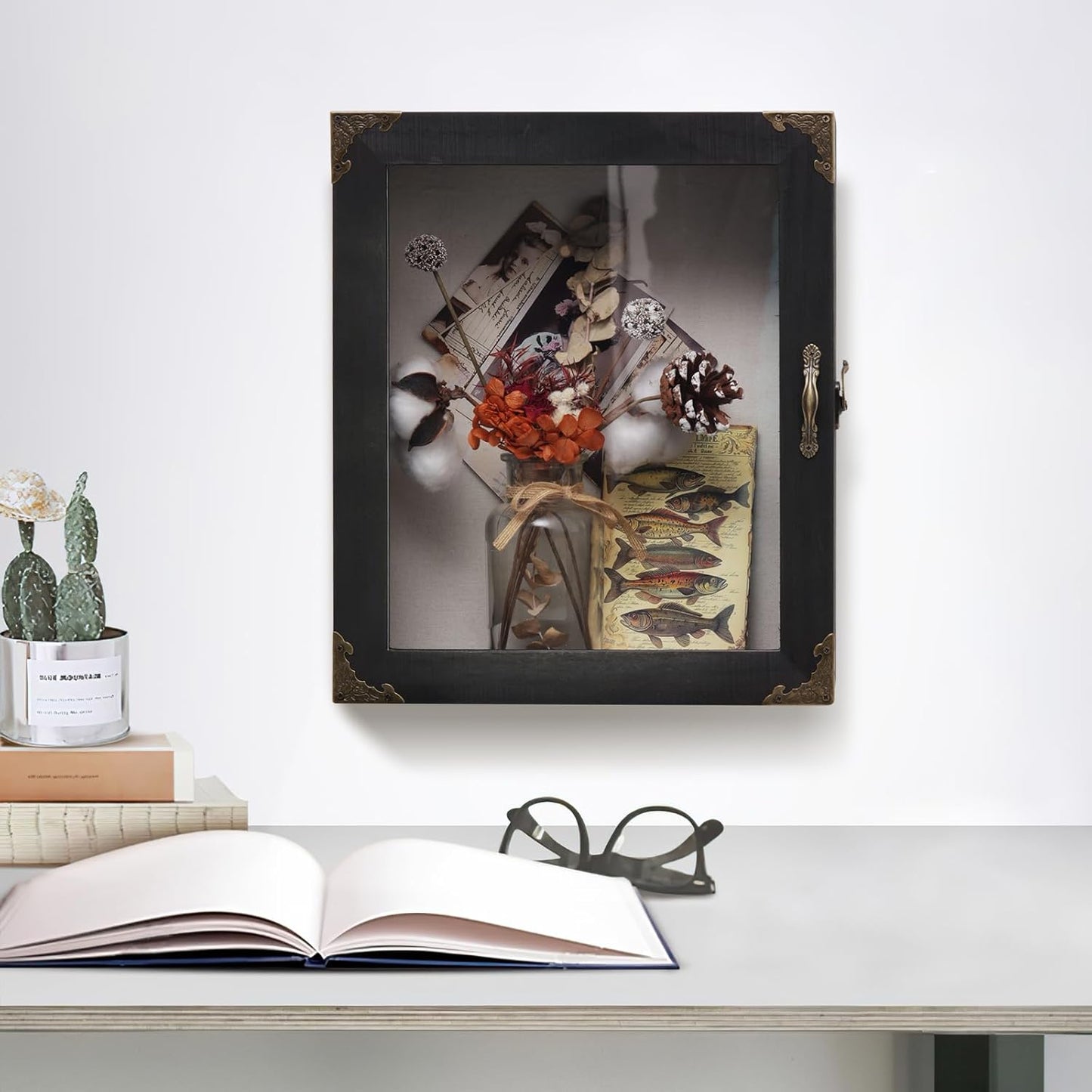 Shadow Box Frame 11x13, Depth 5in Shadow Boxes Display Cases, Acrylic Door, Rustic Burnt Wood, Vintage Metal Accents, Hinged Door, Metal Handle and Latch, Linen Back