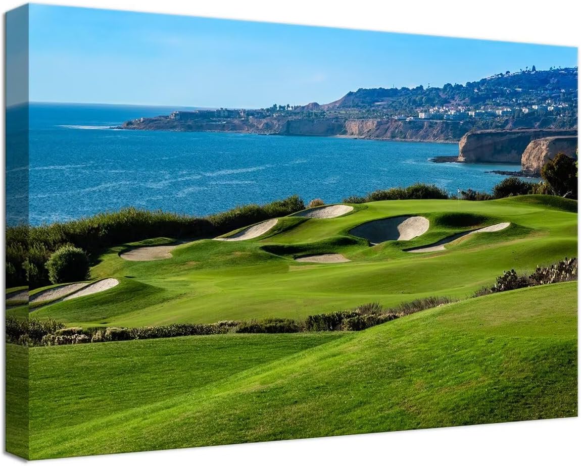 California Coastal Golf Course Wall Art for Living Room Bedroom Bathroom Home Decorations Coastal Golf Course Picture Poster Framed Artwork Canvas Prints Ready to Hang(18''H x 24''W)