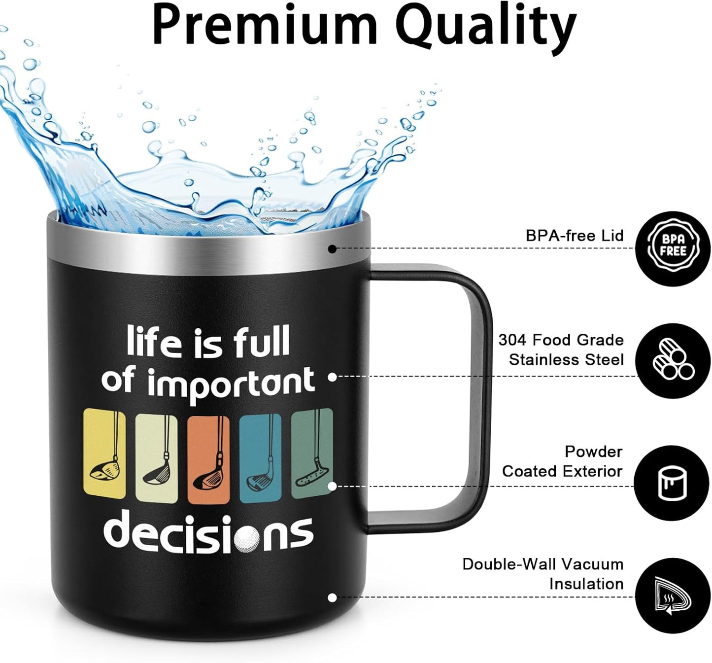 Lifecapido Golf Stainless Steel Coffee Mug, Life is Full of Important Decisions - Golf Gifts Birthday Gift Christmas Gifts Father's Day Gift for Men Dad Golfer Grandpa Boss Coworker (12oz, Black)