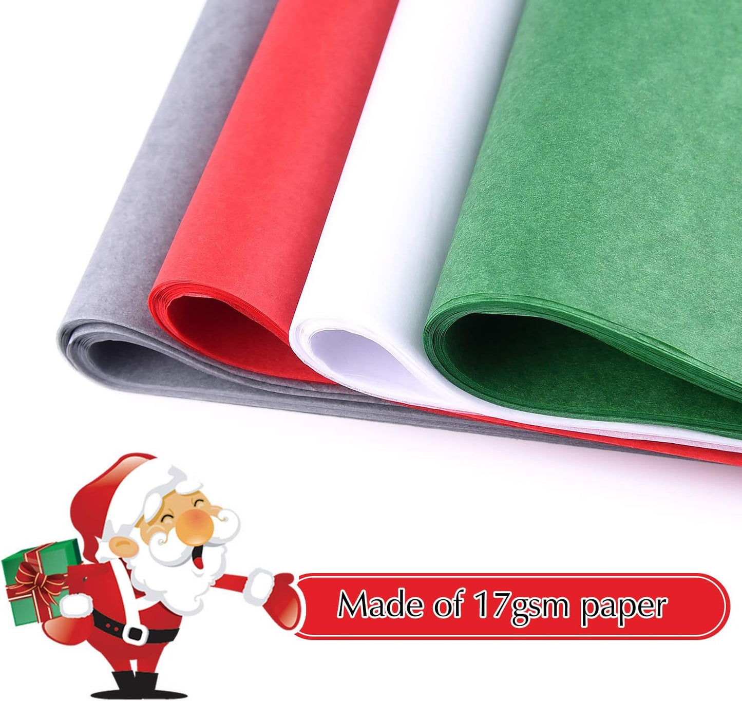 FEPITO 100 Sheets Christmas Tissue Paper Gift Wrapping Paper Red Green Grey and White Tissue Paper for Xmas Gift Wrapping, Crafts(14 x 20 Inch)