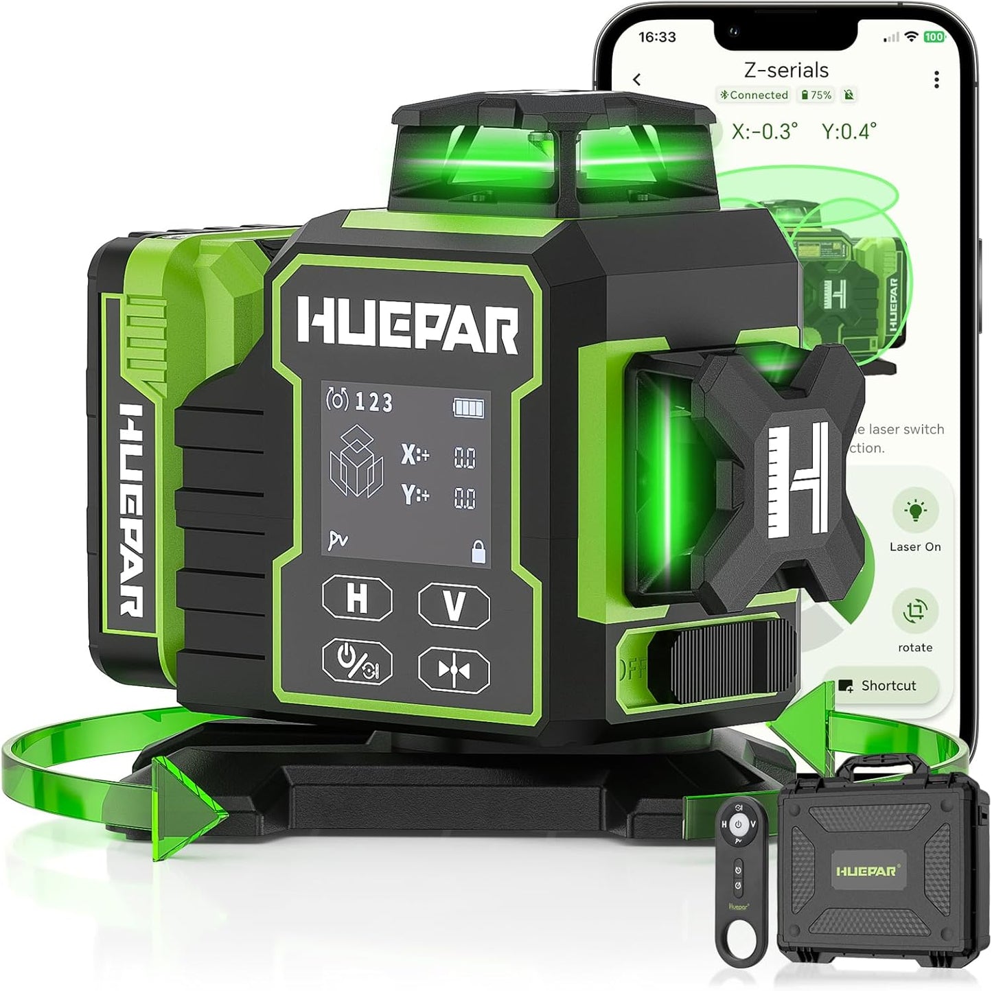 Huepar 2024 New Construction Laser Level 3x360 Self Leveling, 3D 12 Lines Bluetoothed Laser Level with Electric Rotating Base ＆ Large LCD Screen, 3 Planes Green Cross Lazer Leveler Tool W03CG