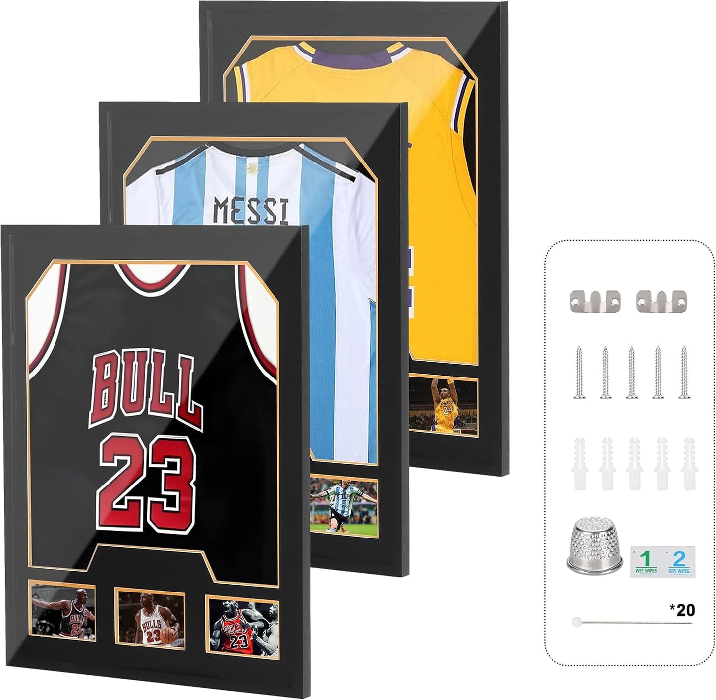 Nice C Jersey Frame Display Cases, Jersey Frame with Picture Slots, Jersey Shadow Box Display Case, 98% UV Protection, Football, Basketball (3 Pack, Black&Gold)