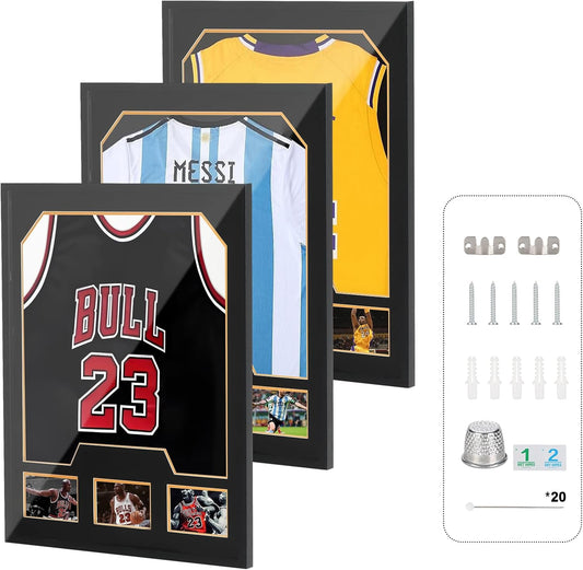 Nice C Jersey Frame Display Cases, Jersey Frame with Picture Slots, Jersey Shadow Box Display Case, 98% UV Protection, Football, Basketball (3 Pack, Black&Gold)
