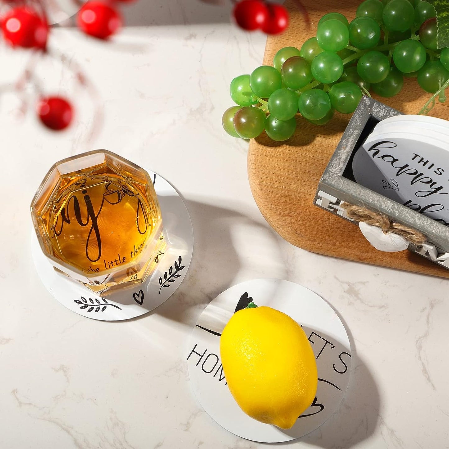 Queekay Housewarming Gifts for Home Decoration Wooden Heart Coasters for Drinks 6 Set Farmhouse Coasters with Holder Funny for Family Coffee Table Protection, 4''(White,Gray)