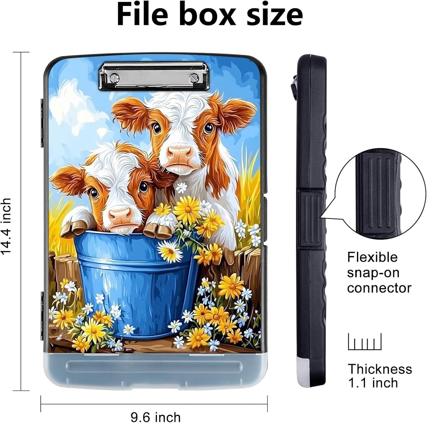 Clipboard with Storage - Large Capacity,Nursing Clipboard with Pen Holder,Heavy Duty,Plastic Side-Opening Folder for Teacher,Nurse - Cute Cows Bucket