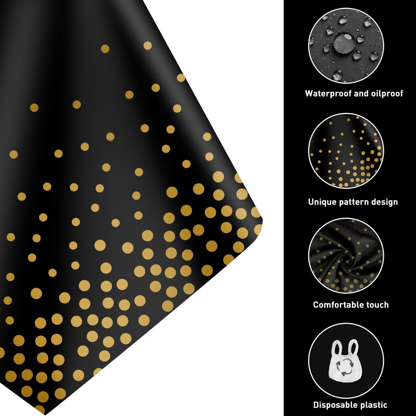 3 Pack 2in1 Disposable Plastic Tablecloths 54" x 108" Black and Gold Dot Kitchen Table Cloth Rectangle Table Cover for Wedding Birthday Baby Shower Anniversary Christmas Graduation