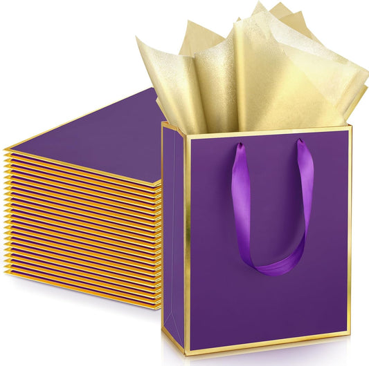 Yeaqee 24 Pack Metallic Paper Gift Bags with Handle and Tissue 9x7x3.1 Gold Foil Welcome Favor Bags Return Gifts for Wedding Fall 5 Senses Christmas Bridesmaid Birthday(Purple Gold)