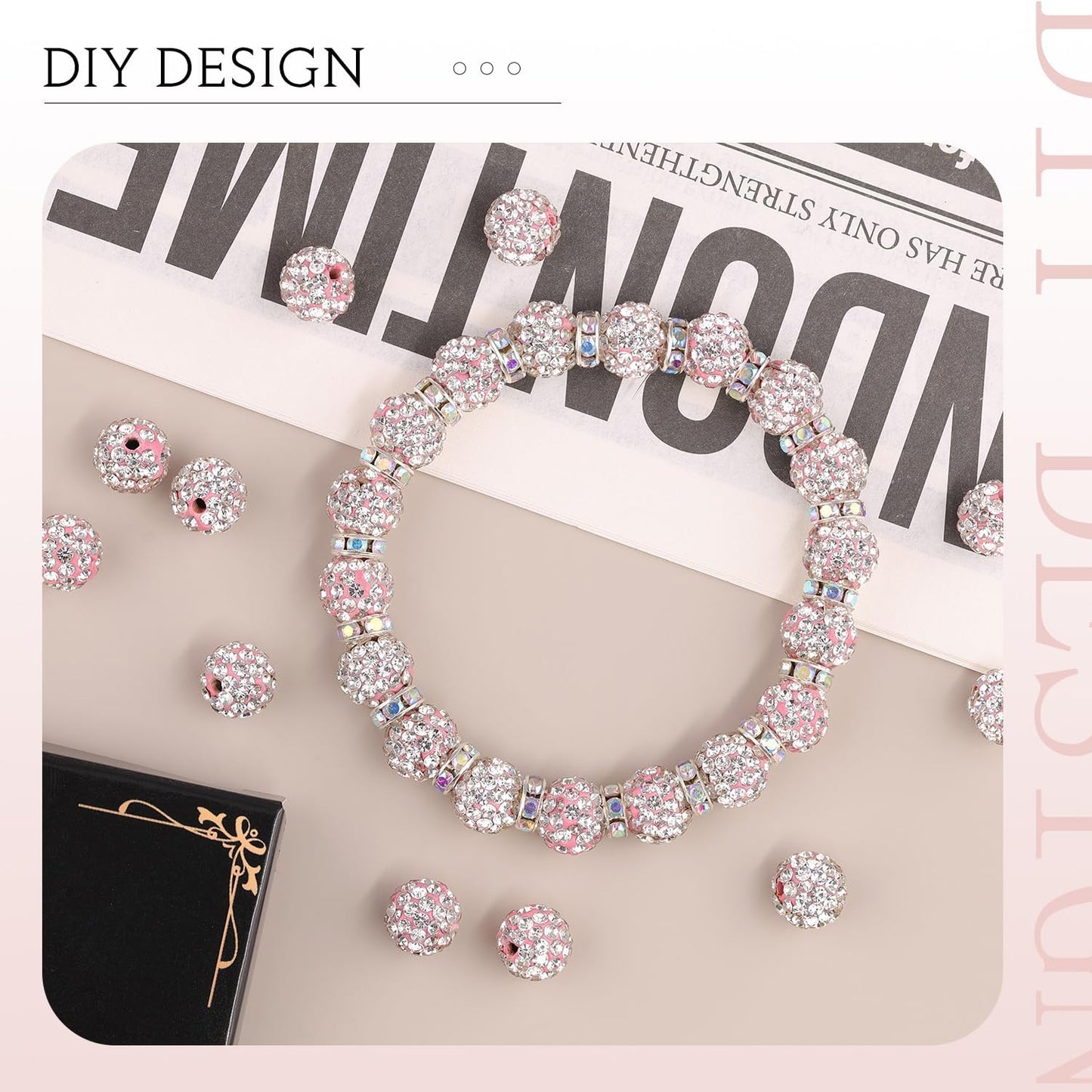 100pcs 10mm Rhinestone Beads for Jewelry Making, Pink White Shiny Round Shamballa Disco Ball Beads Bulk, Sparkle Crystal Clay Christmas for Bracelet Baseball Necklace Earring Crafting and DIY