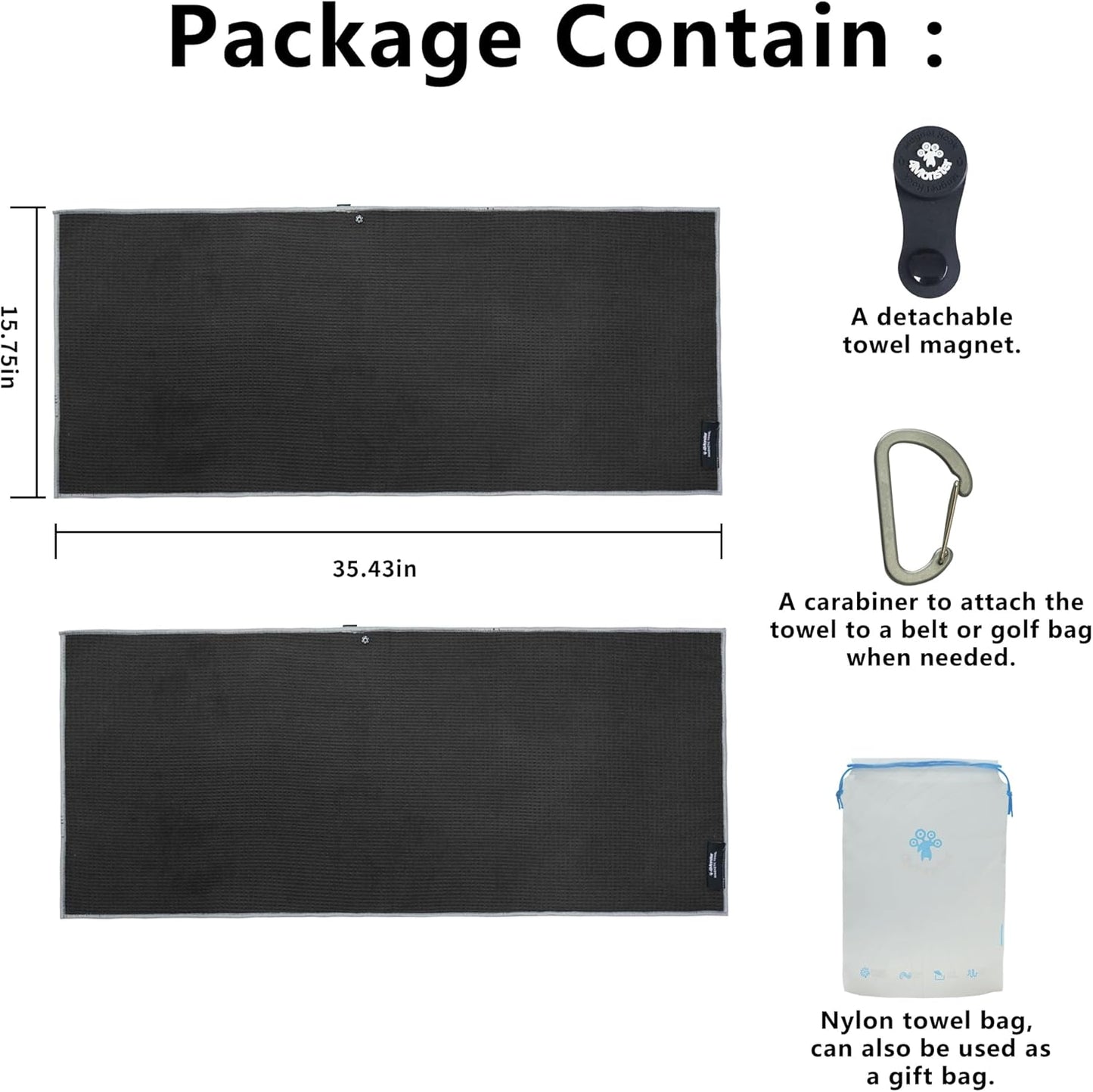 4Monster Golf Towels 2-Pack with Detachable Magnet and Portable Pouch, Quick-Dry Microfiber Golf Towel Set for Golf Bags,Custom Towel Gifts for Men or Women (2, Black)