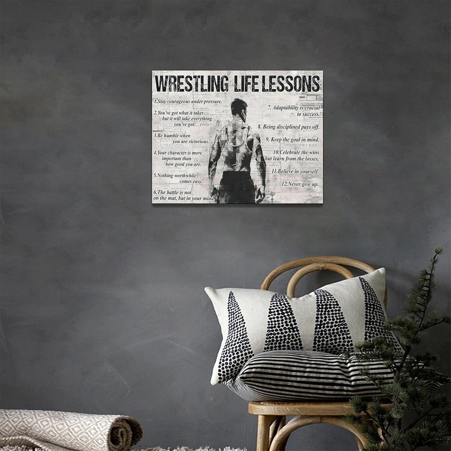 Wrestling Sports Wall Art Wrestling Life Lessons Wall Decor Wrestling Sign Retro Poster Boy Men Motivational Decorations Canvas Print Painting Artwork for Bedroom Bathroom Living Room Gym 16"x12"