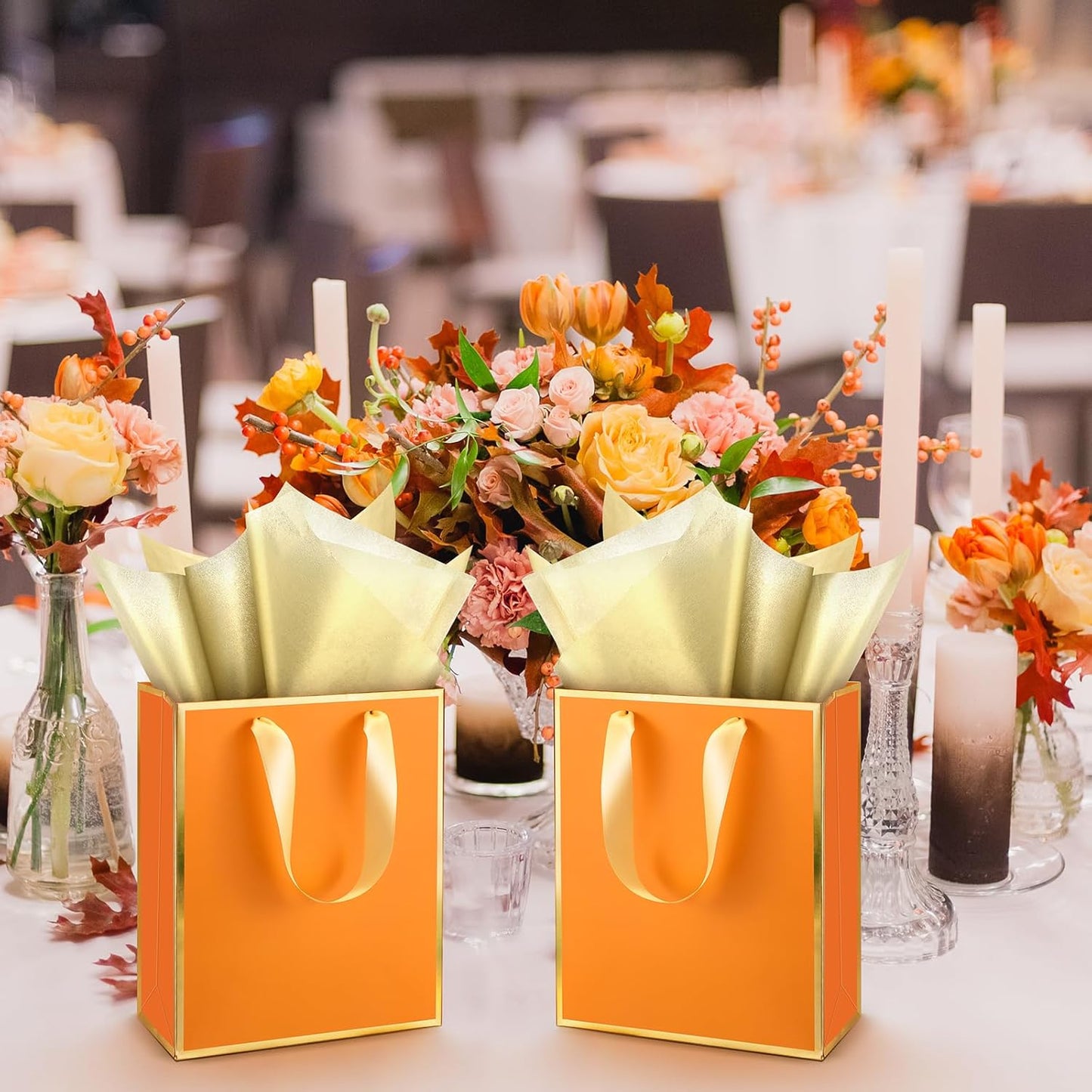 Yeaqee 24 Pack Metallic Paper Gift Bags with Handle and Tissue 9x7x3.1 Gold Foil Welcome Favor Bags Return Gifts for Wedding Fall 5 Senses Christmas Bridesmaid Birthday(Orange, Gold)