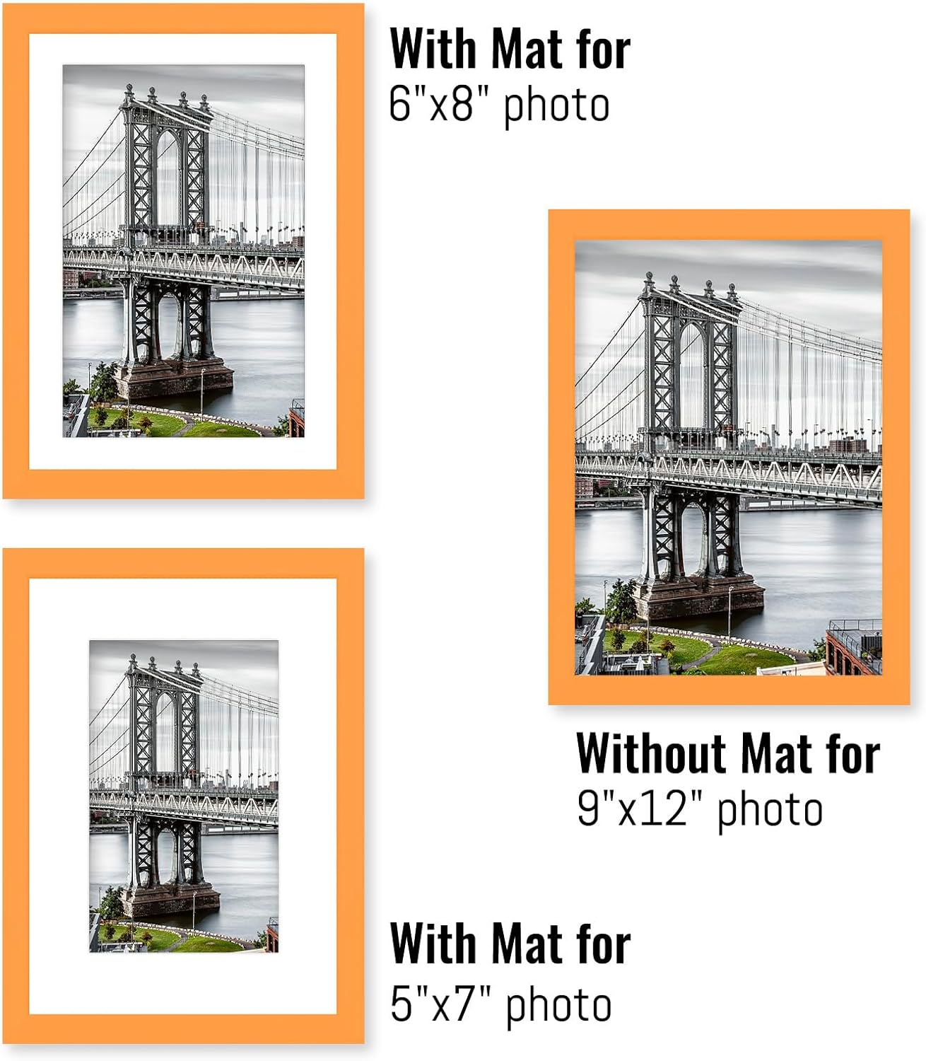 9x12 Solid Wood Picture Frames - Display 5x7 or 6x8 Photos with 2 Mats, Wall Mounting or Table Top (Orange)