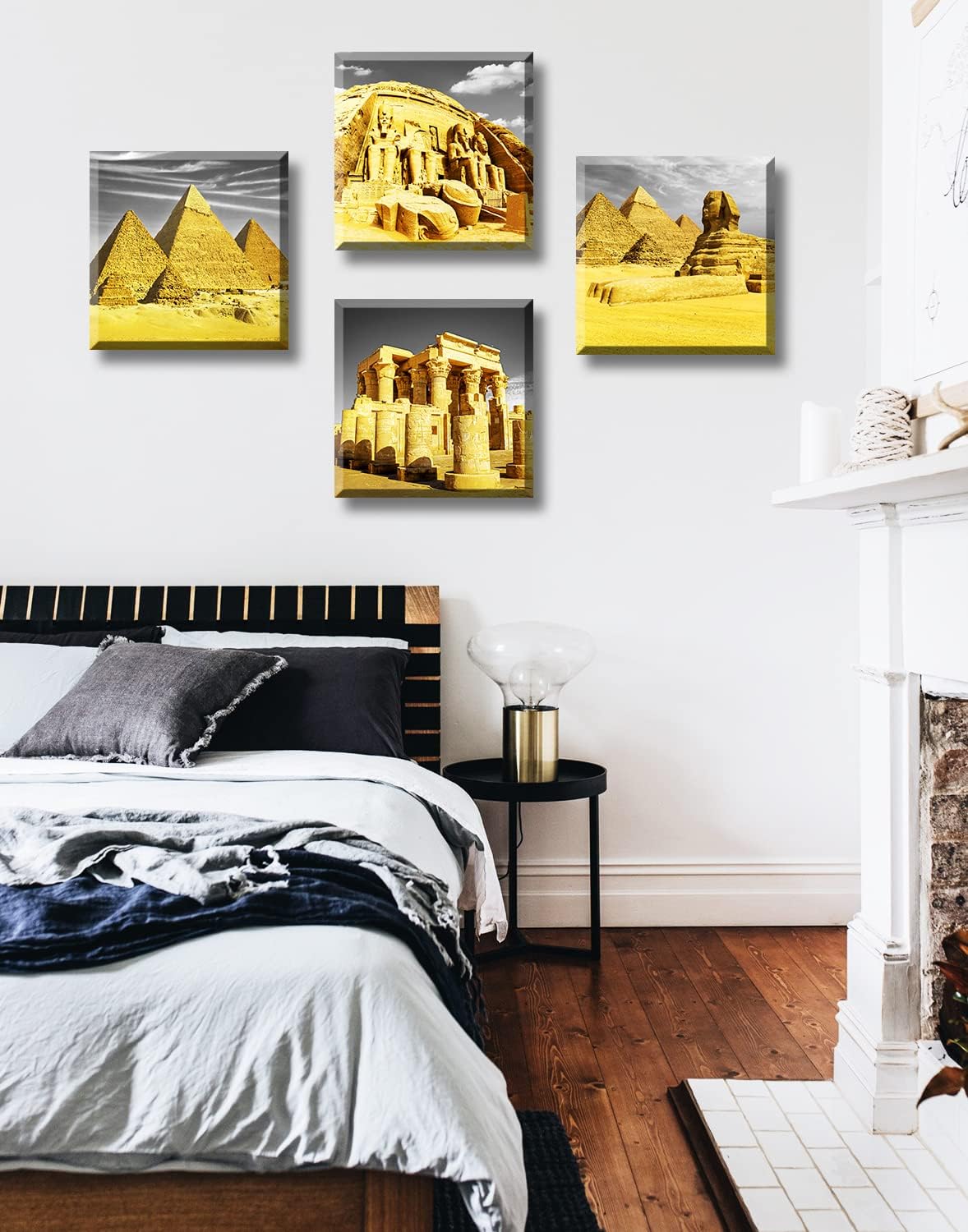 DJSYLIFE Bedroom Decor Gold Wall Art Egyptian Pyramids Canvas Print Picture Gray White Posters Modern Artwork for for Living Room Bathroom Office Home Decoration Framed Ready to Hang 12"X12"X4