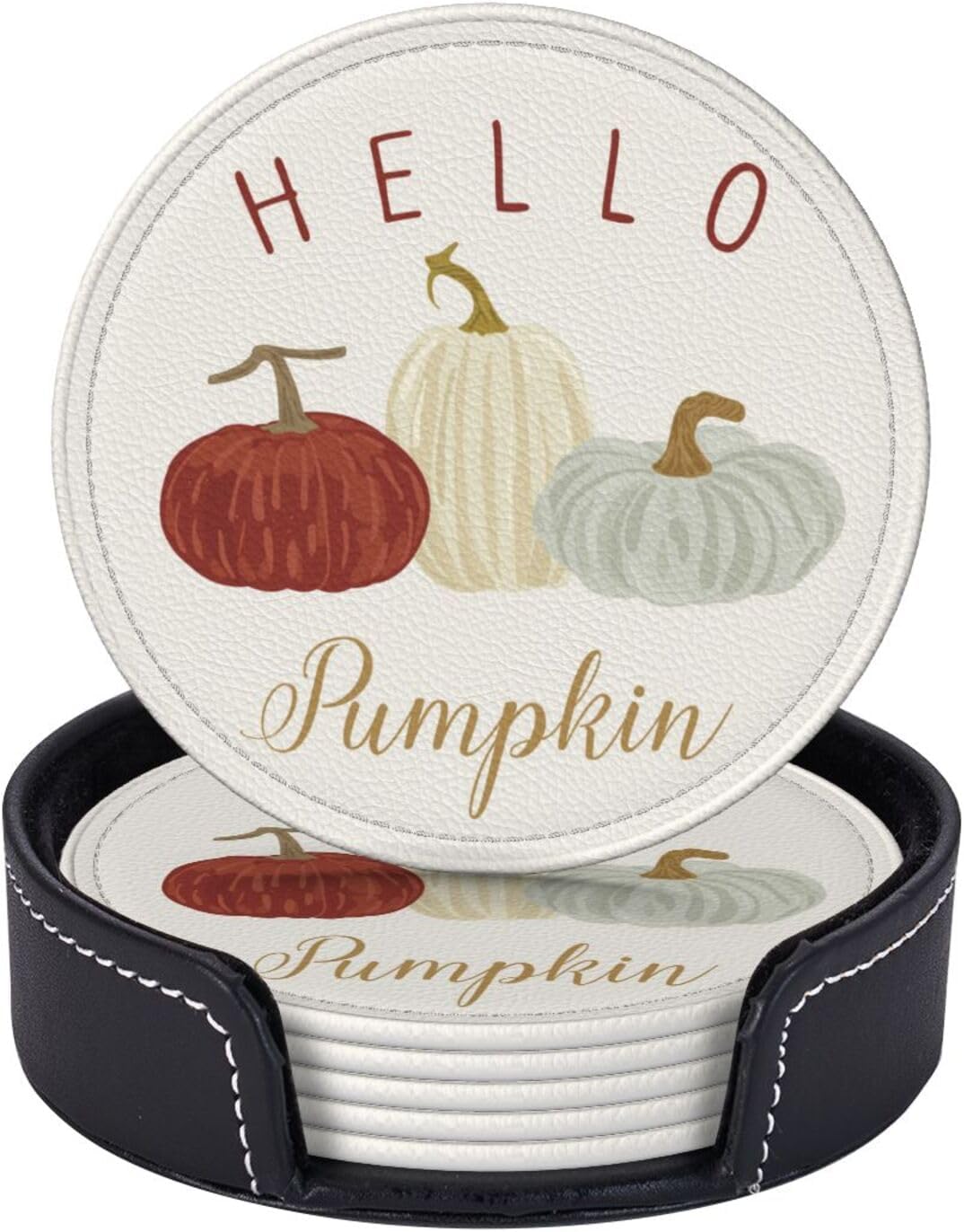 Hello Fall Pumpkin Autumn Coasters for Drinks Round Leather Coaster with Holder Set of 6 for Tabletop Protection Desk Accessories Office Home Room Decor