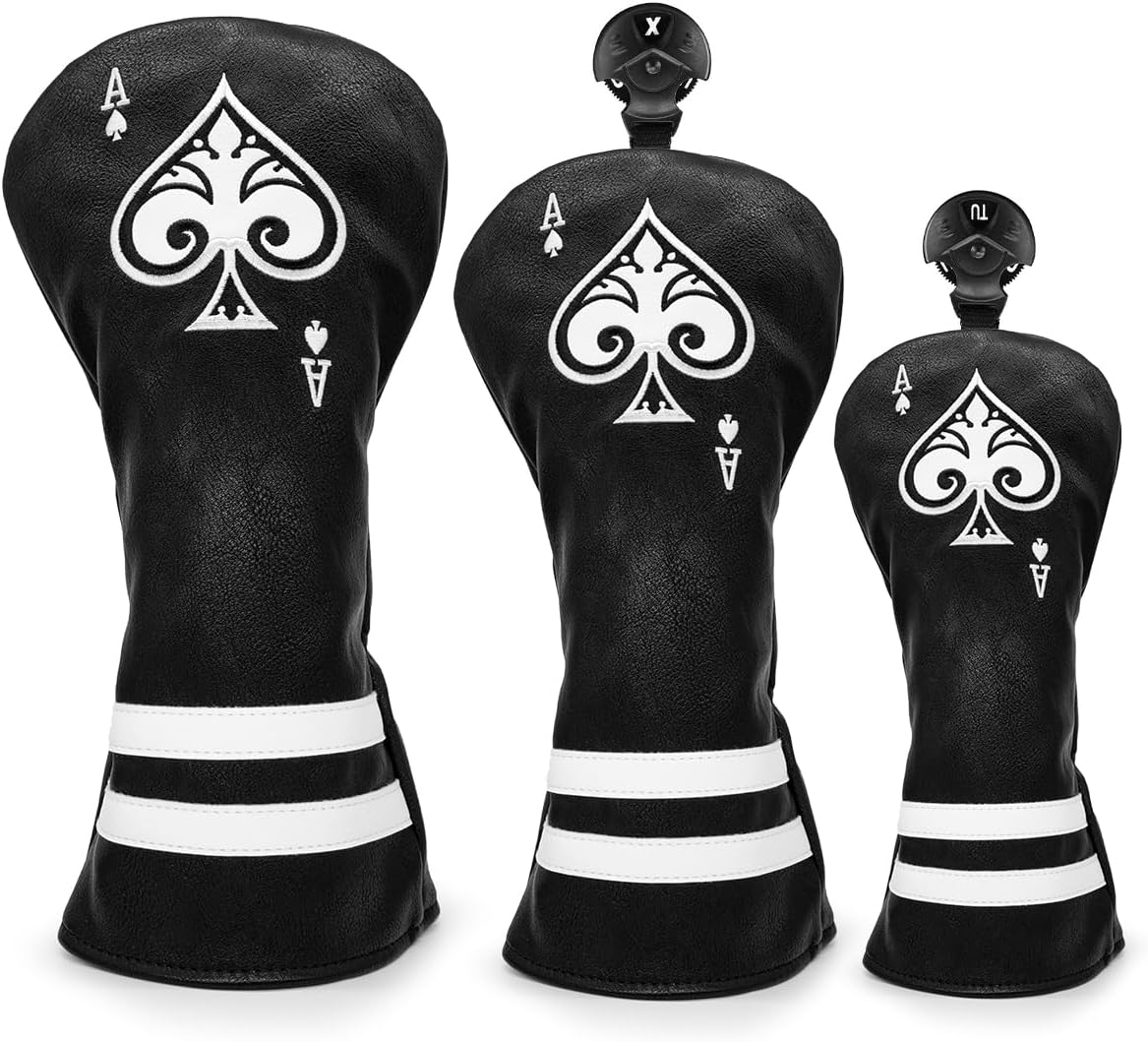 Black Golf Ace of Spade Golf Club Cover for Golf Clubs - Hybrid Headcover Golf Driver Headcover 3 Wood Head Cover (Rotatable 2 3 4 5 6 Ut Head Cover) Putter Headcover