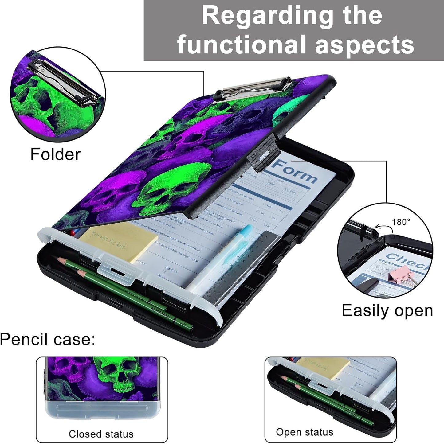 Clipboard with Storage - Large Capacity,Nursing Clipboard with Pen Holder,Heavy Duty,Plastic Side-Opening Folder for Teacher,Nurse - Green Purple Skull