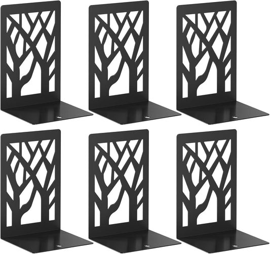 VFINE 6-Piece Modern Metal Bookends for Shelves, Black Tree Book Ends for Books, Decorative Book Organizer for Desk, Non-Skid Shelve Bookends for Home Office
