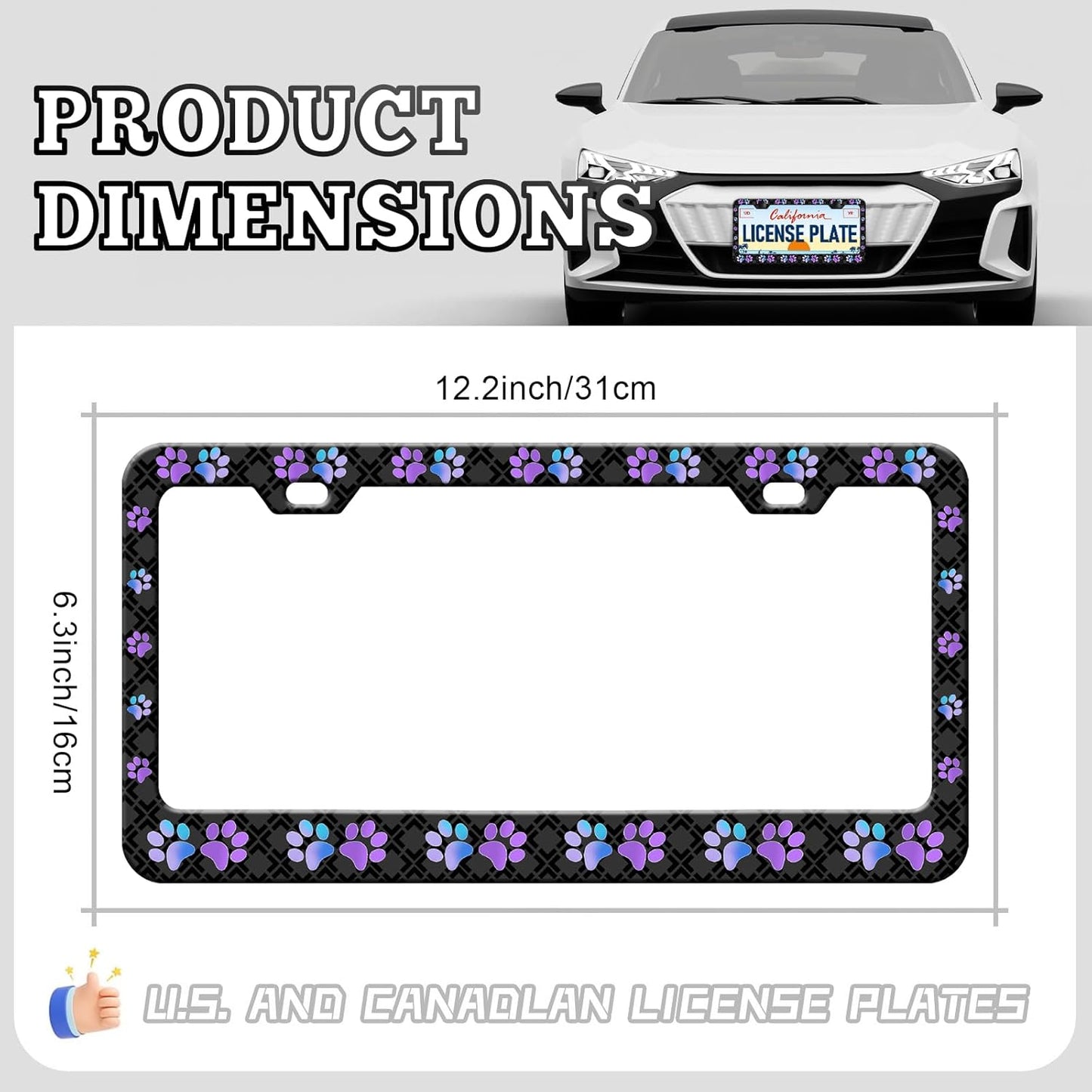 Purple Dog Paw Print License Plate Frames for Women- 2 Pack Front Rear Cute License Plates Holder Covers, Aluminum Metal Rust-Proof Waterproof Car Tag Frame with Screws Fasteners Caps
