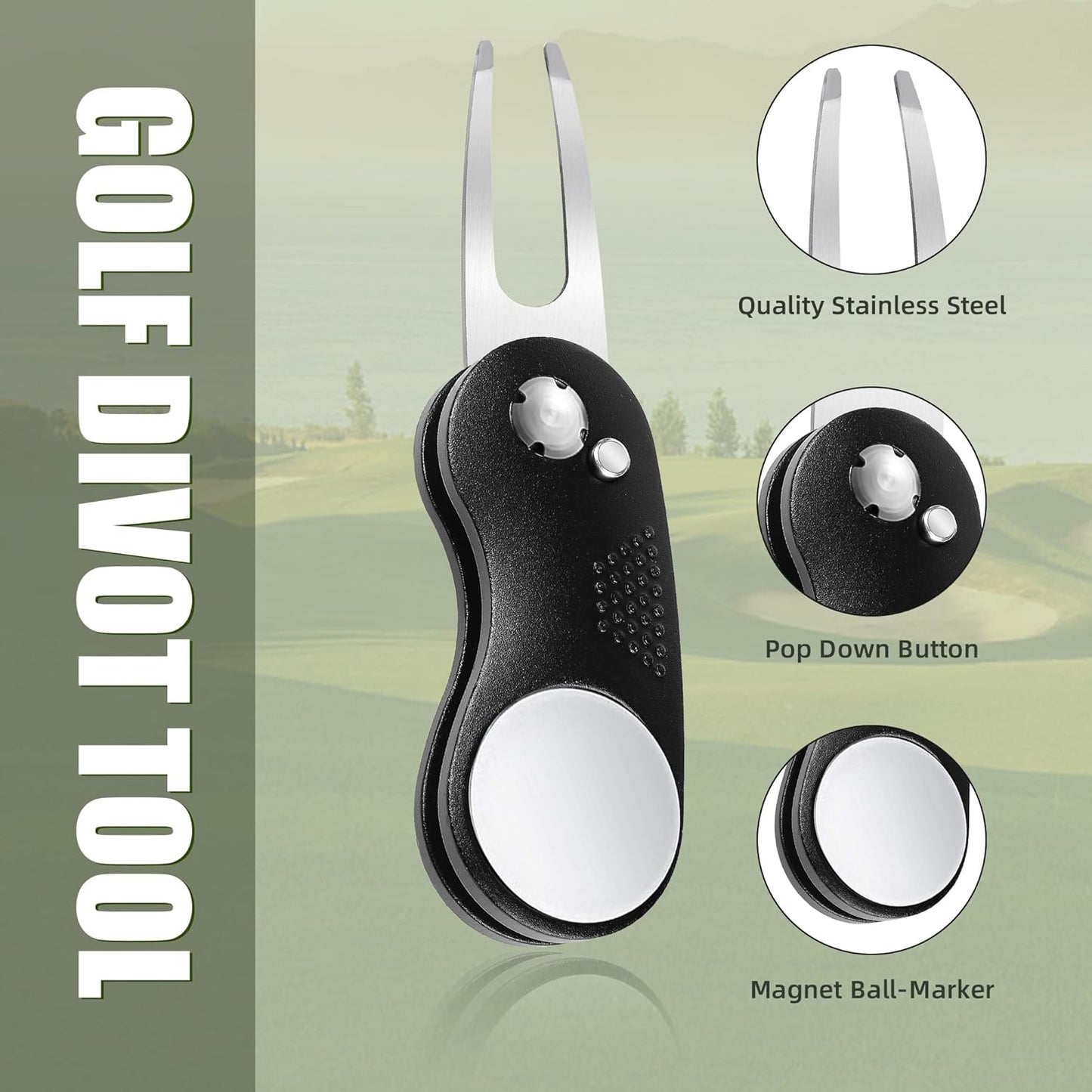 Mile High Life Golf Divot Repair Tool, All Metal Foldable Divot Tool with Pop-up Button & Magnetic Ball Marker