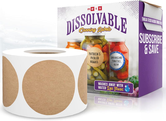MESS Dissolvable Canning Labels, 1.5" Round, 200-Pack – Removable Kraft Mason Jar Stickers for Homemade Jam, Food Storage & Containers