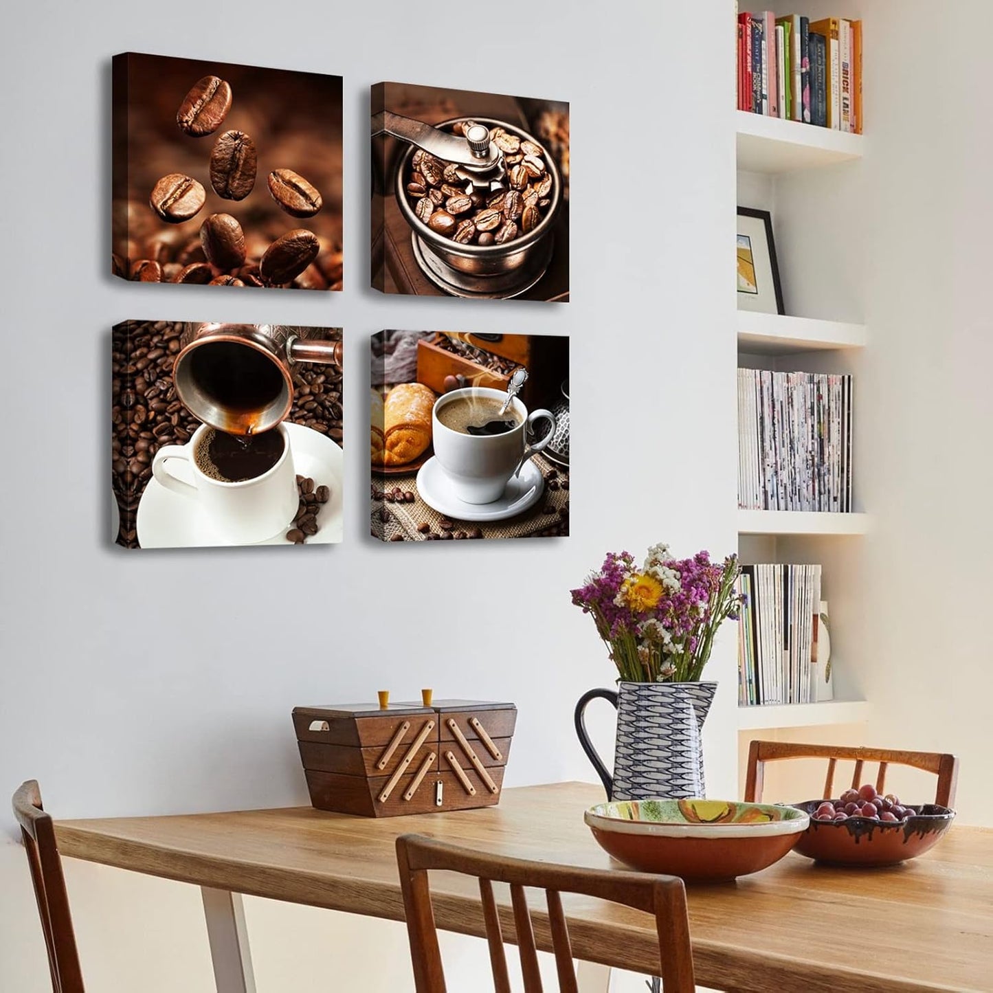 Kitchen Wall Art Coffee Decor Canvas Prints Coffee Cup Latte Mocha Cafe Drinking Pictures Brown 4 Panel Modern Artwork for Dining Room Restaurant Bar Decorations 12"Wx12"Hx4 Framed Ready to Hang