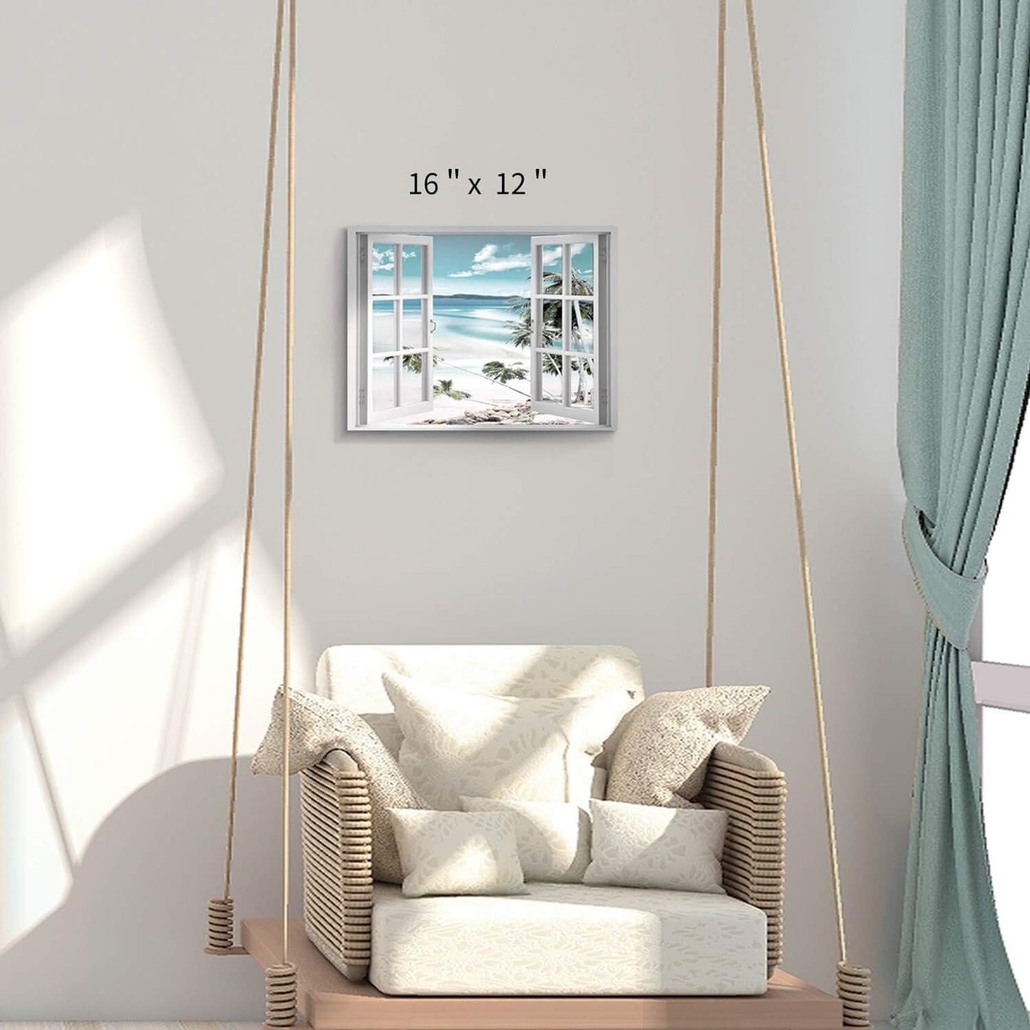 Open Windows Canvas Wall Art: Beach Coastal Palm Graphic Artwork Print on Wrapped Canvas Small for Bedroom(16''x12'')