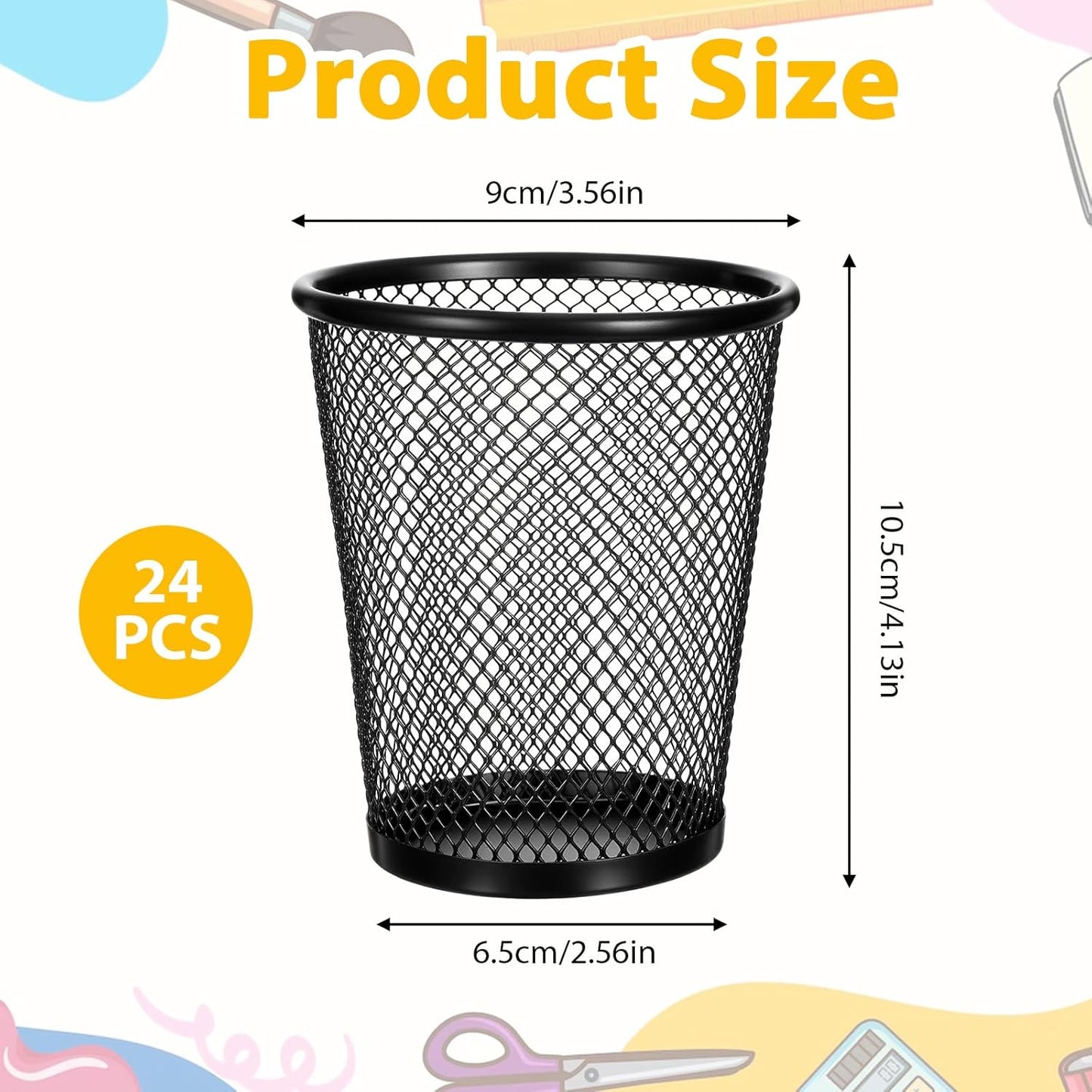 24 Pack Mesh Pen Holders, Bulk Metal Desk Organizer Pencil Cups, Round Premium Black Pencil Holders with Open Mesh Design for Home, Office Supplies, Makeup Brushes
