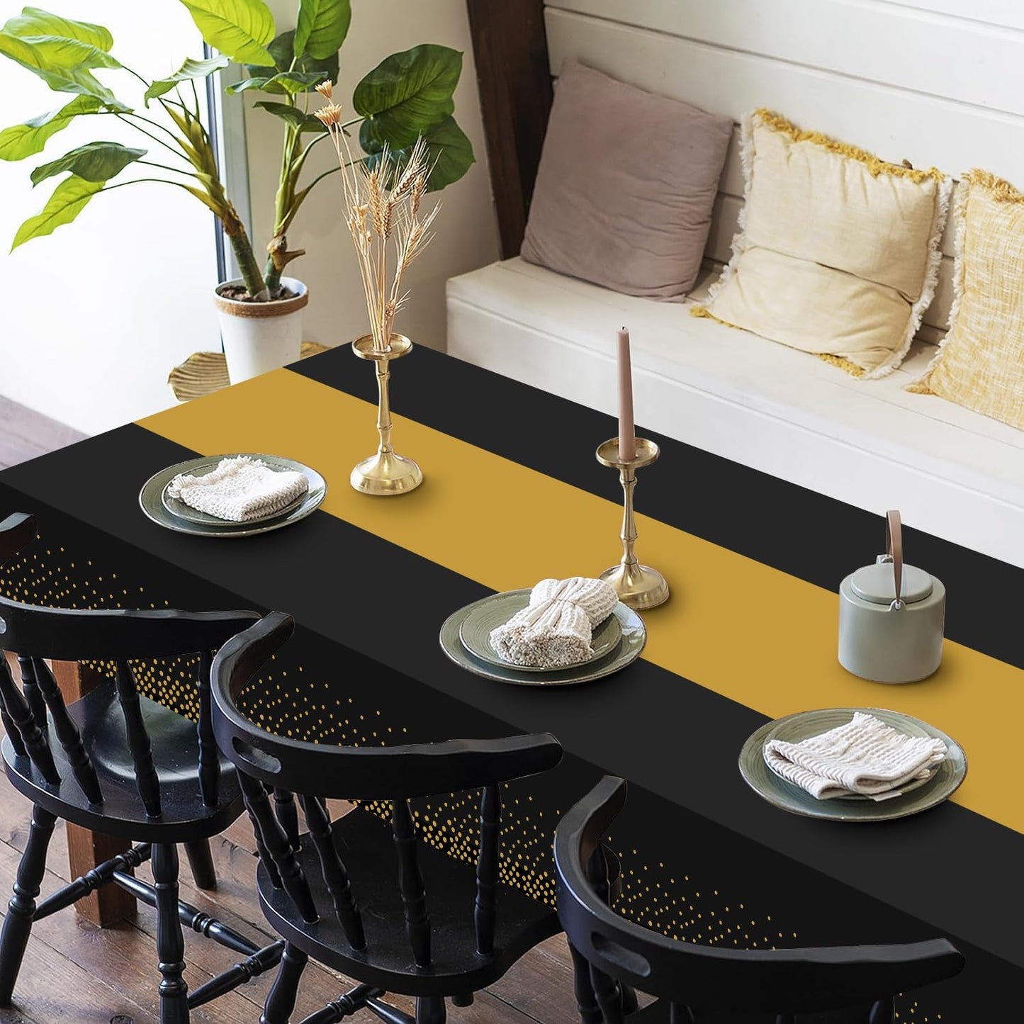 8 Pack 2in1 Disposable Plastic Tablecloths 54" x 108" Back and Gold Dot Party Table Cloth Rectangle Table Cover for Wedding Birthday Baby Shower Anniversary Christmas New Year Party Decorations