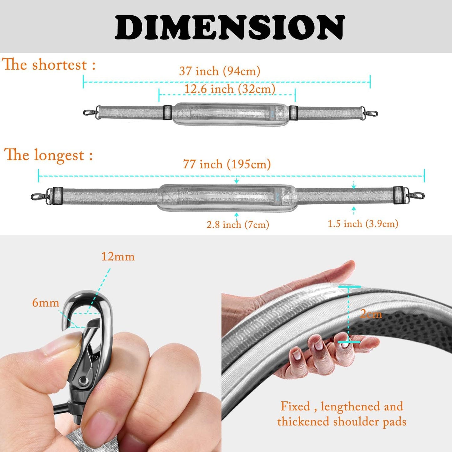 ZINZ 77 Inch Shoulder Strap Univesal Bag Strap with Fixed Pad Ultra Thick Plus Long & Breathable Cushion, Replacement Strap for Bags,Gray Silver