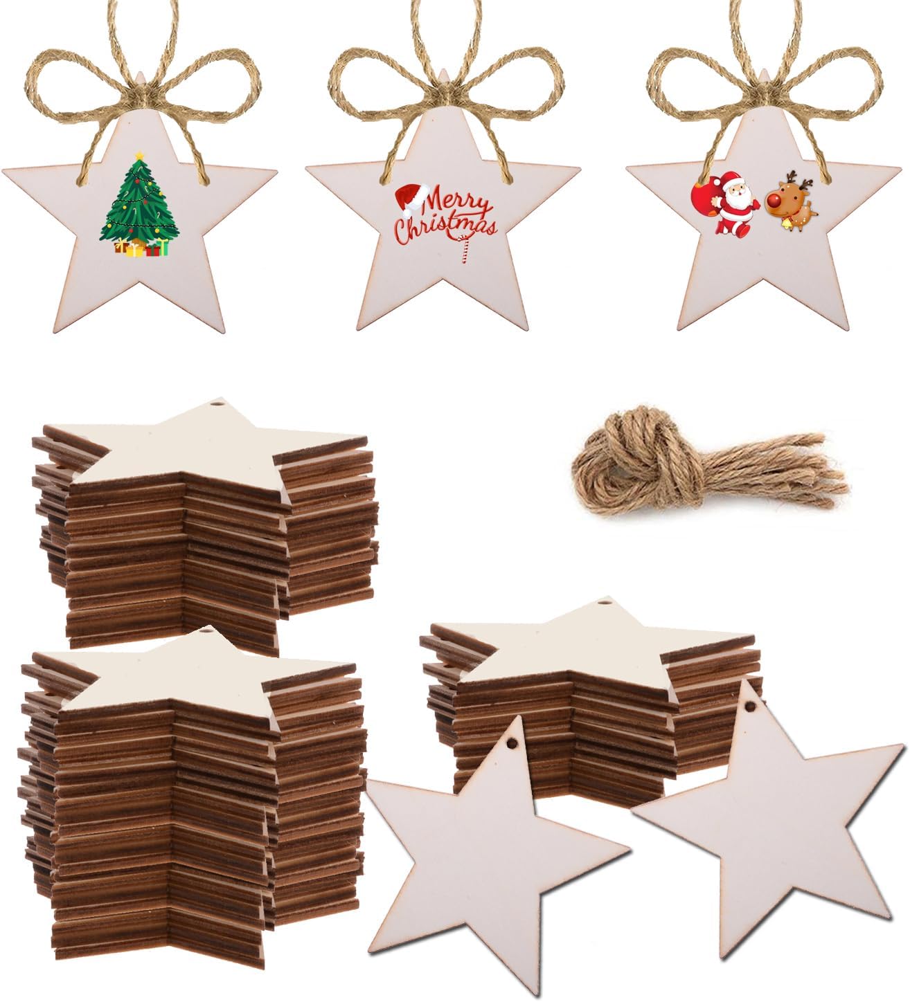 50PCS Unfinished Wood kit with Holes, Wood Slice for DIY Crafts, Blank Star Wood Cutouts Wooden Tags Ornaments for Sign Gift Tags, Christmas Decorations Indoor Outdoor Decor (Star Shape)