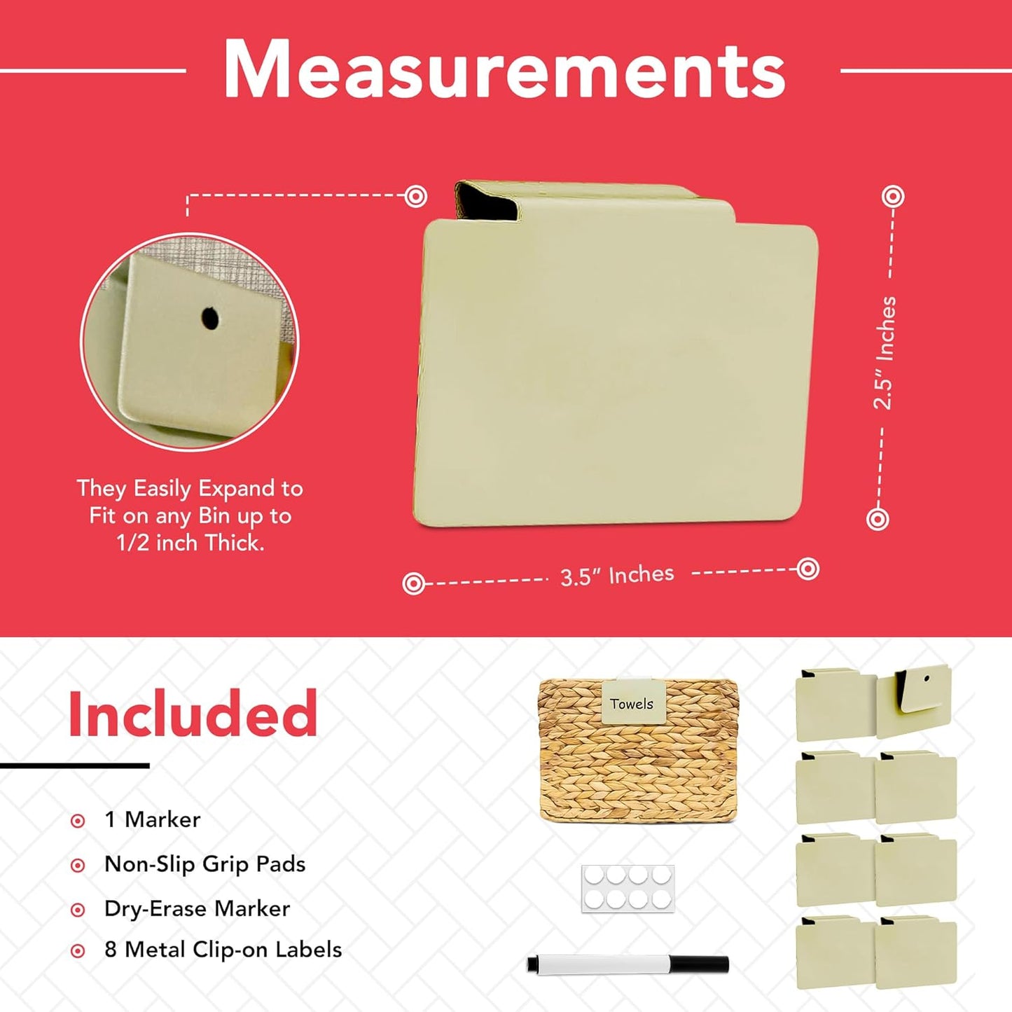 Labels for Storage Bins | Metal Storage Bin Clips (2.5” x 3.5”) - Set of 8 Basket Clip On Tags for Storage Bins w/Non-Slip Grip Pads & Dry Erase Marker - Removable Bin Labels for Storage Baskets